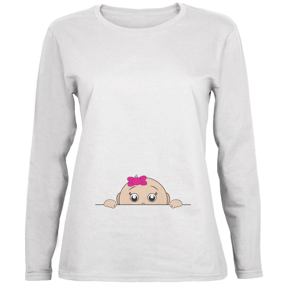 Old Glory Peeking Baby Girl & Women's Long Sleeve White T-Shirt - X-Large | Patriotic Fashion for Kids & Adults