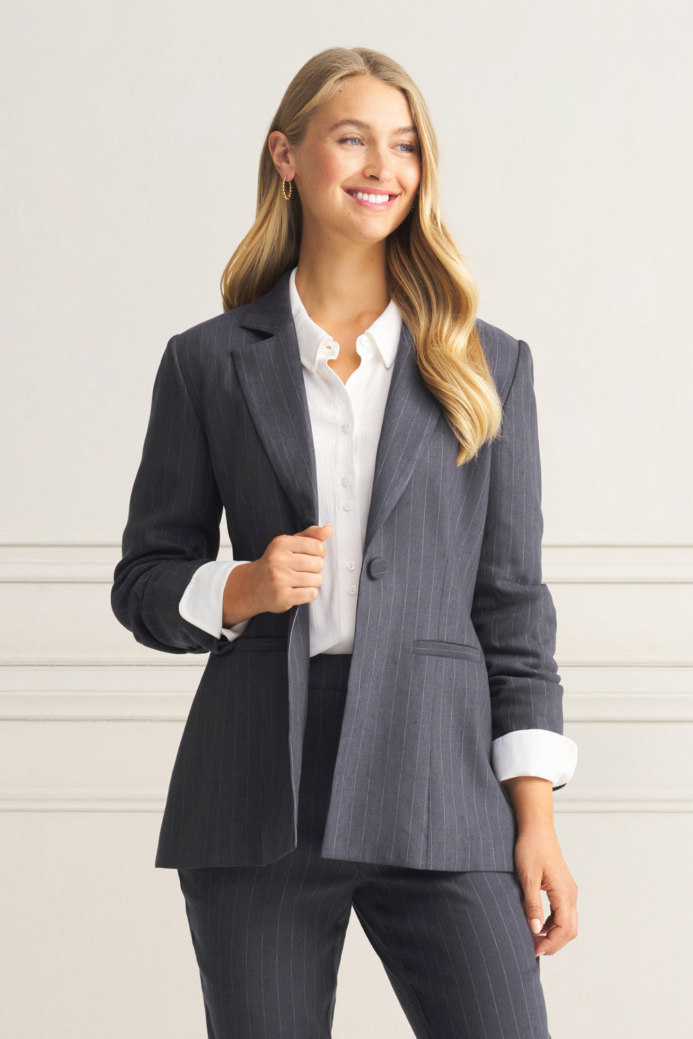 Long Line Linen Jacket for Women - Charcoal Pinstripe Blazer - Lightweight Summer Office Wear & Casual Outfit