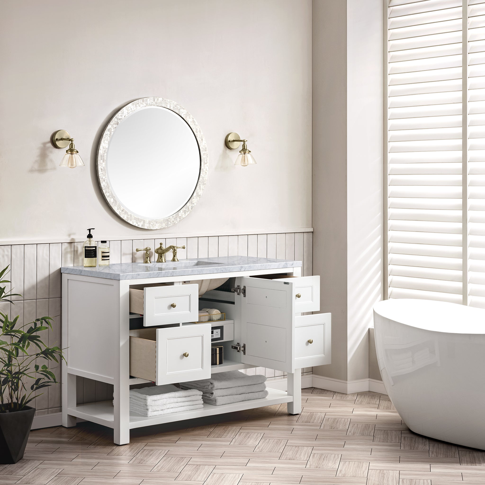 Breckenridge 48 Inch Single Bathroom Vanity Set with 3CM Carrara Marble Top in Bright White - Perfect for Modern Master Bathrooms & Powder Rooms