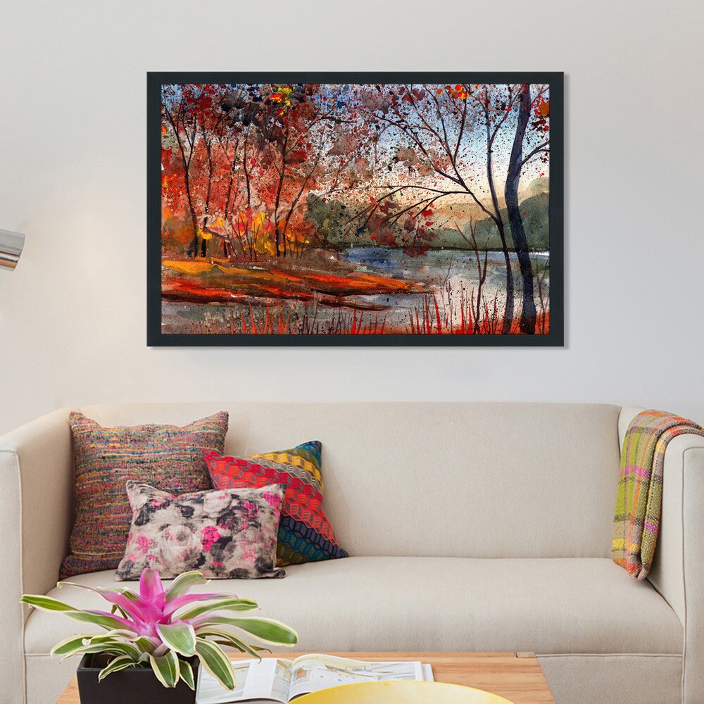 Autumn Lake Framed Acrylic Wall Art - Modern Landscape Painting for Living Room, Bedroom & Office Decor