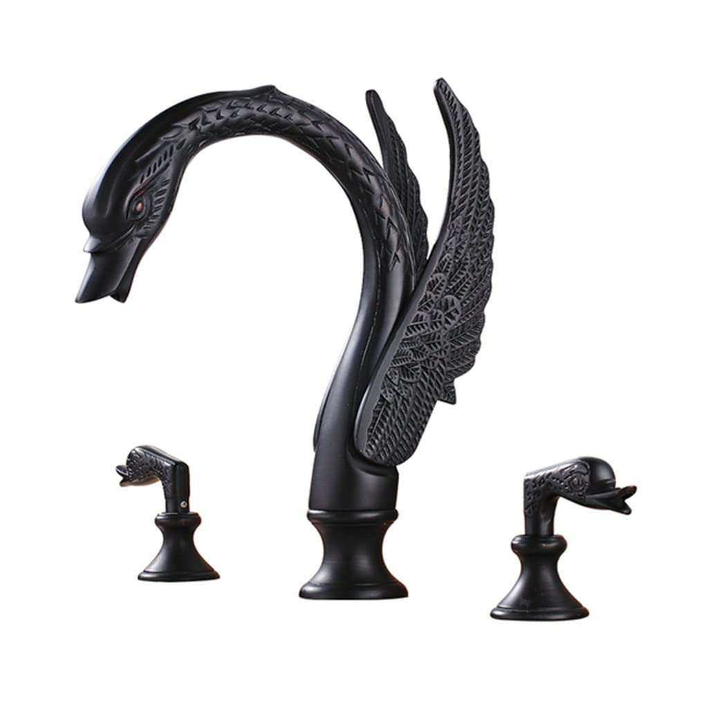 Premium Dual Handle Swan Bathroom Sink Faucet - Matte Black 3-Hole Deck Mounted Hot & Cold Water Mixer Tap for Vanity, Powder Room & Guest Bathroom - Luxury Basin Faucet with Elegant Golden Accents