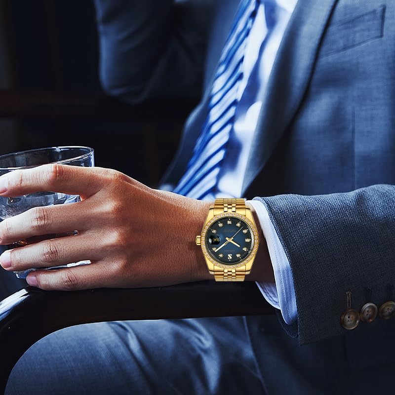 Premium Men's Automatic Self-Winding Watch - Stainless Steel Calendar Display, Water Resistant, Gold Tone | Perfect for Business, Outdoor Activities & Luxury Gifts for Him