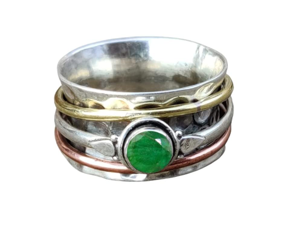 Emerald Gemstone Spinner Ring for Women - Handmade Silver Meditation & Anxiety Relief Ring - Elegant Spinning Statement Jewelry for Stress Relief, Mindfulness & Fashion Accessories