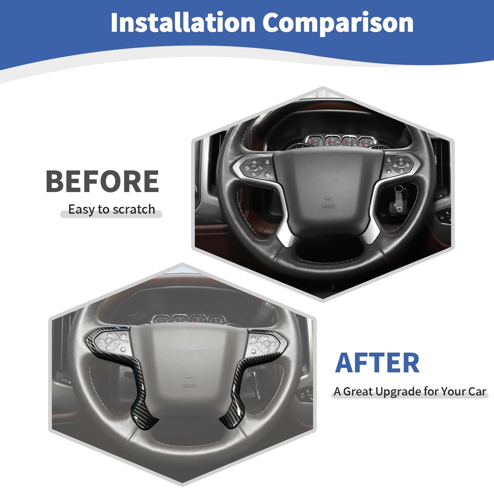 2014-2018 Chevy Silverado Carbon Fiber Steering Wheel Trim | GMC Sierra/Yukon & Chevy Suburban/Tahoe Compatible | Black Carbon Fiber Grain Interior Upgrade (2-Piece Set) | Enhance Your Truck's Luxury Style for Daily Driving & Car Shows