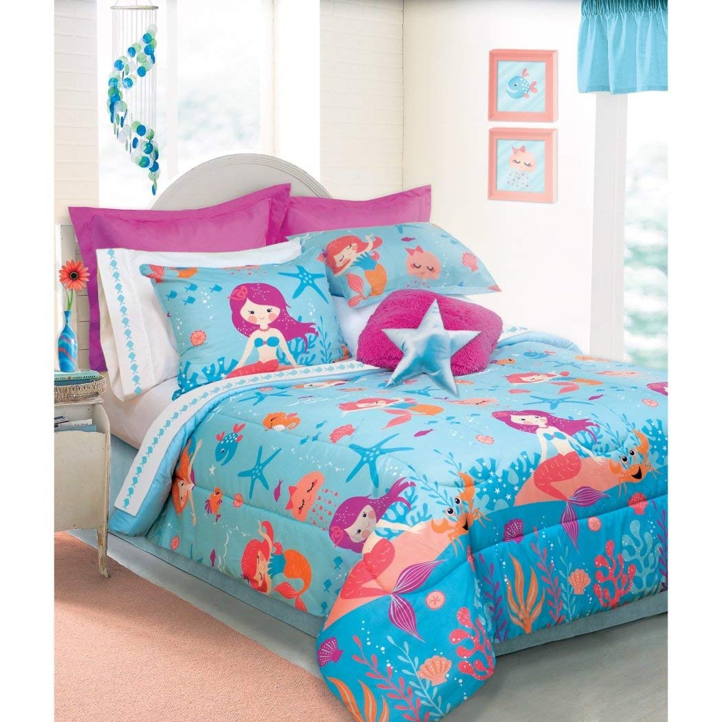 ON 2-Piece Girls Twin Comforter Set - Blue Mermaid Theme with Cute Faces, Seahorses, Shells & Starfish Print | Deep Sea Coral Flowers & Sand Dollars Design | Fun Sea Life Polyester Bedding for Kids Room Decor