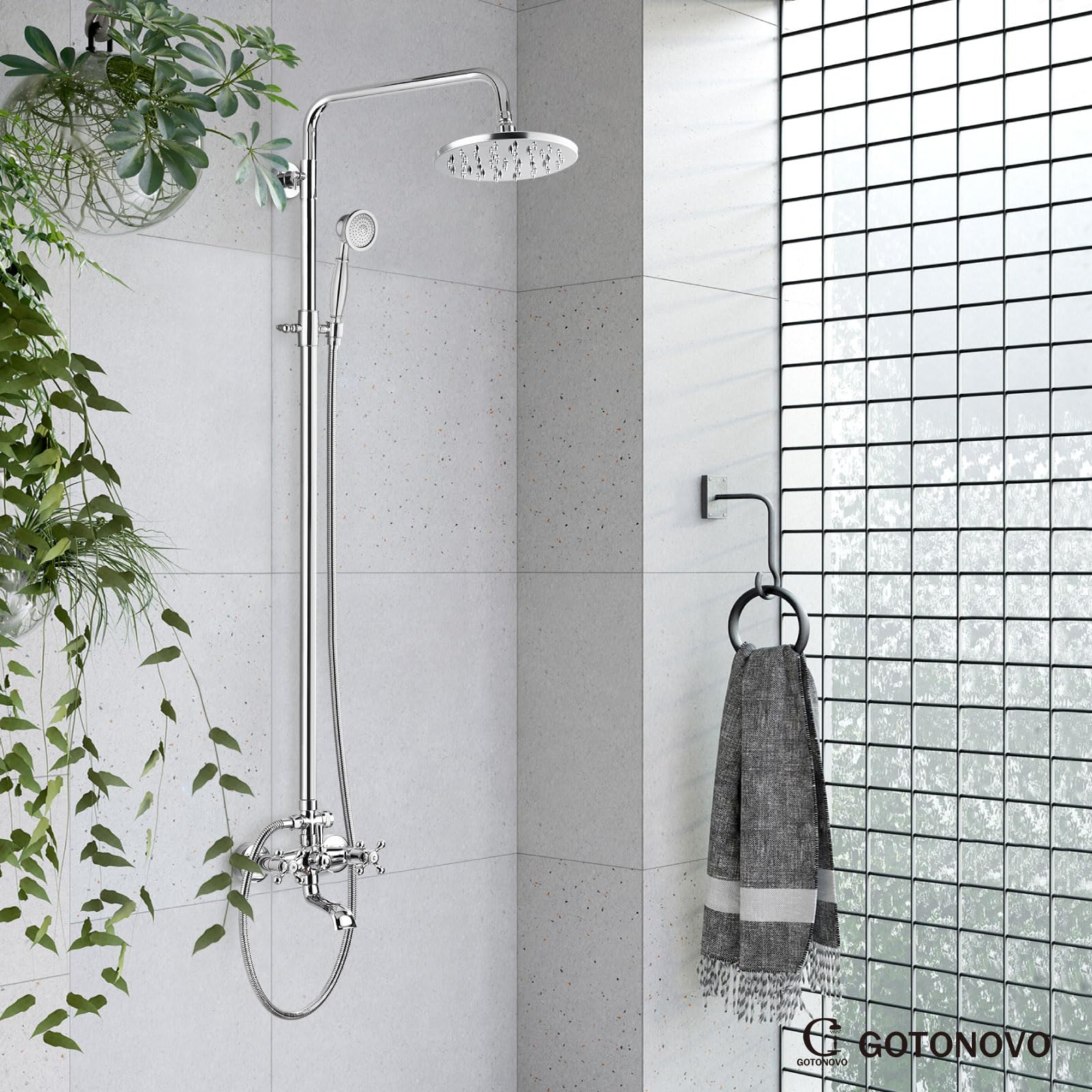 Gotonovo 8 Inch Exposed Shower Faucet Set - 3-Function Rainfall Showerhead with Tub Spout & Cross Handles - Polish Chrome Shower System for Bathroom Remodel & Luxury Spa Experience