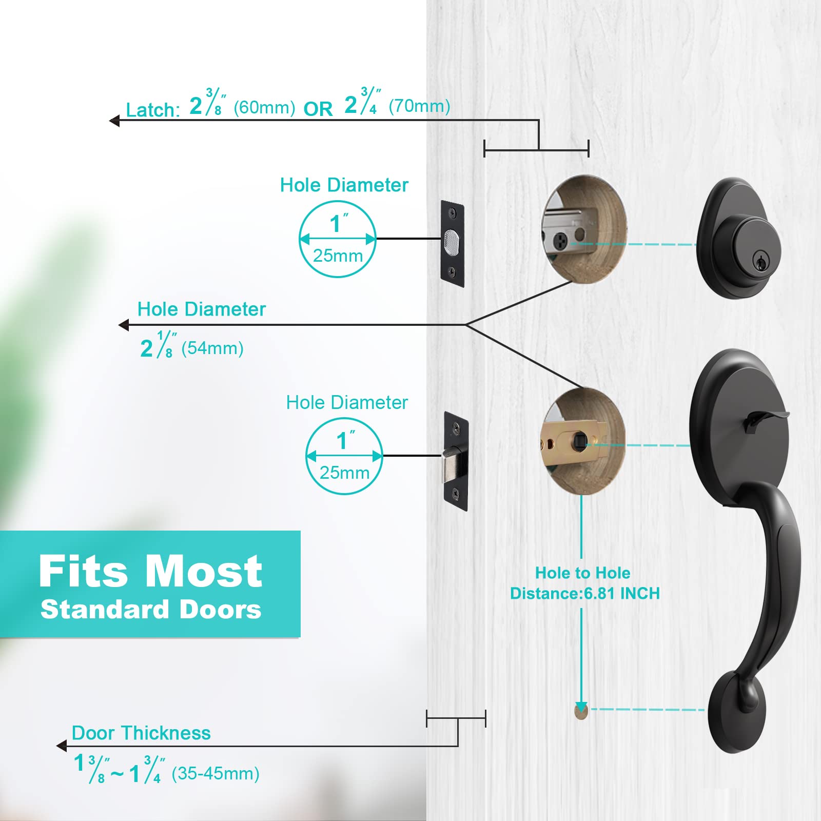 Matte Black Double Door Handleset with Dummy - Front Door Handle Set with Knobs for Home & Office - Antique Style (1074) - Perfect for Entry Doors, Interior Doors, and Commercial Spaces