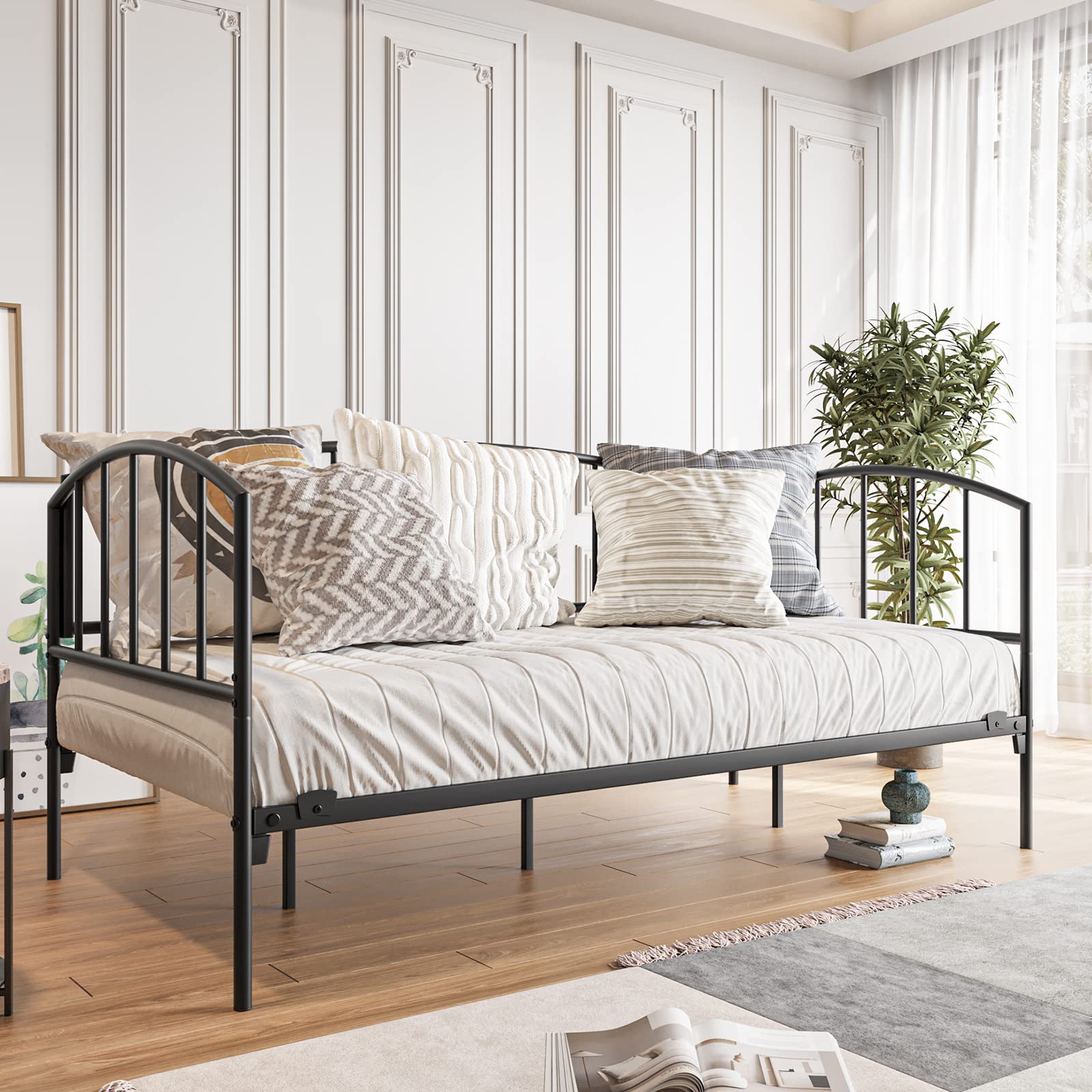Mikibama Twin Size Metal Daybed Frame - Industrial Style Space Saving Arched Daybed for Small Spaces, Guest Room & Living Room - Black (Perfect for Studio Apartments, Dorm Rooms & Cozy Living Spaces)