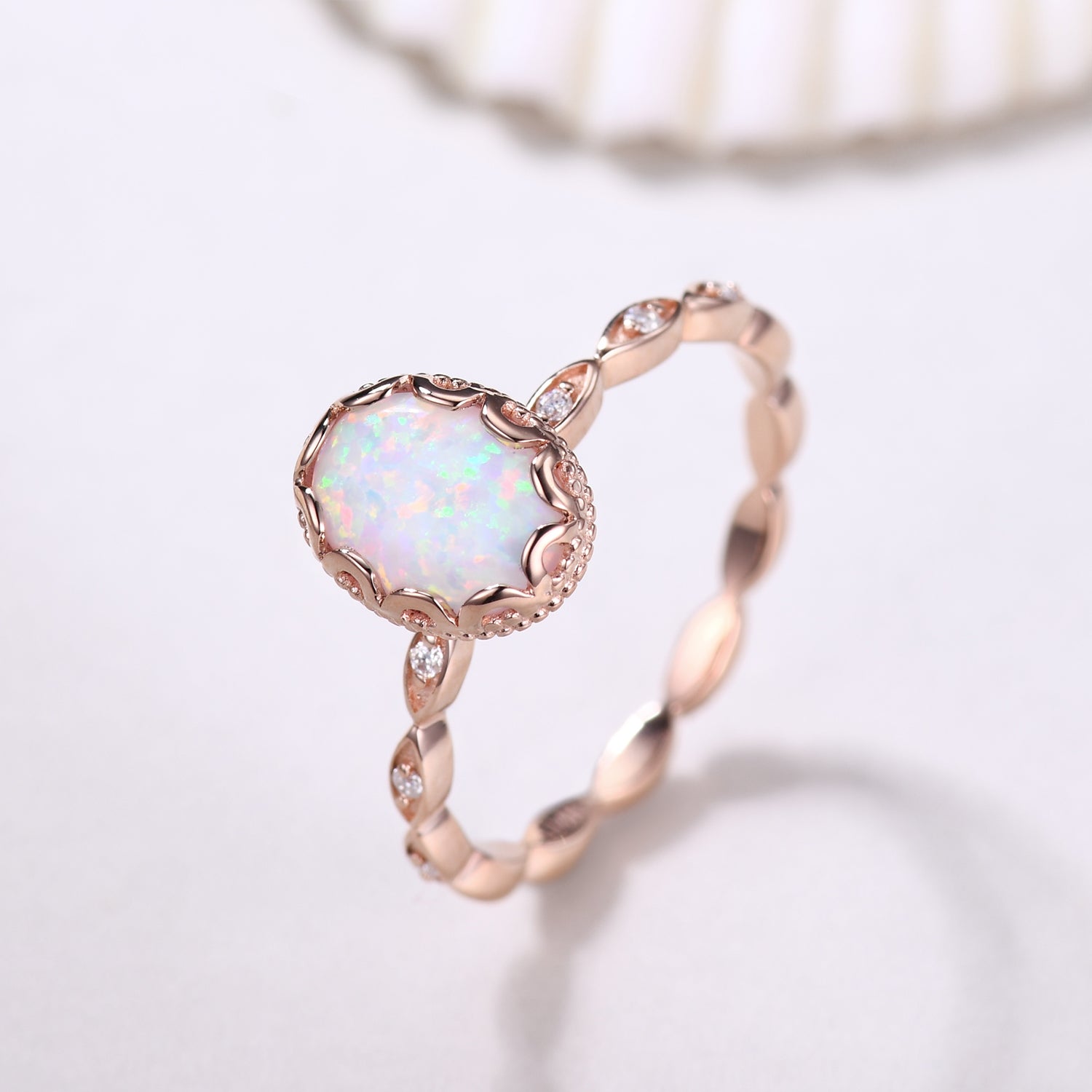 Filigree White Opal Bridal Ring - Rose Gold Full Eternity Band for Wedding, Anniversary & October Birthstone Gift - Perfect for Engagement, Bridal Shower & Romantic Occasions
