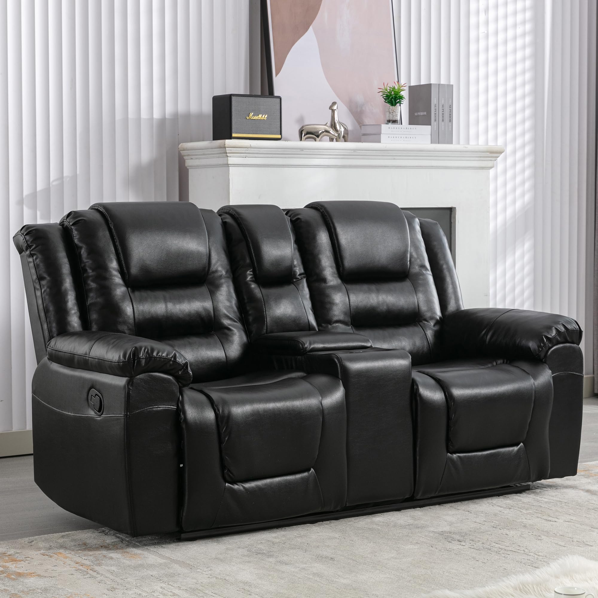 Premium PU Leather Manual Reclining Sofa with Storage & Cup Holders - Comfortable 2-Seater Living Room Furniture for Small Spaces, Modern Home Theater & Game Room Use - Black
