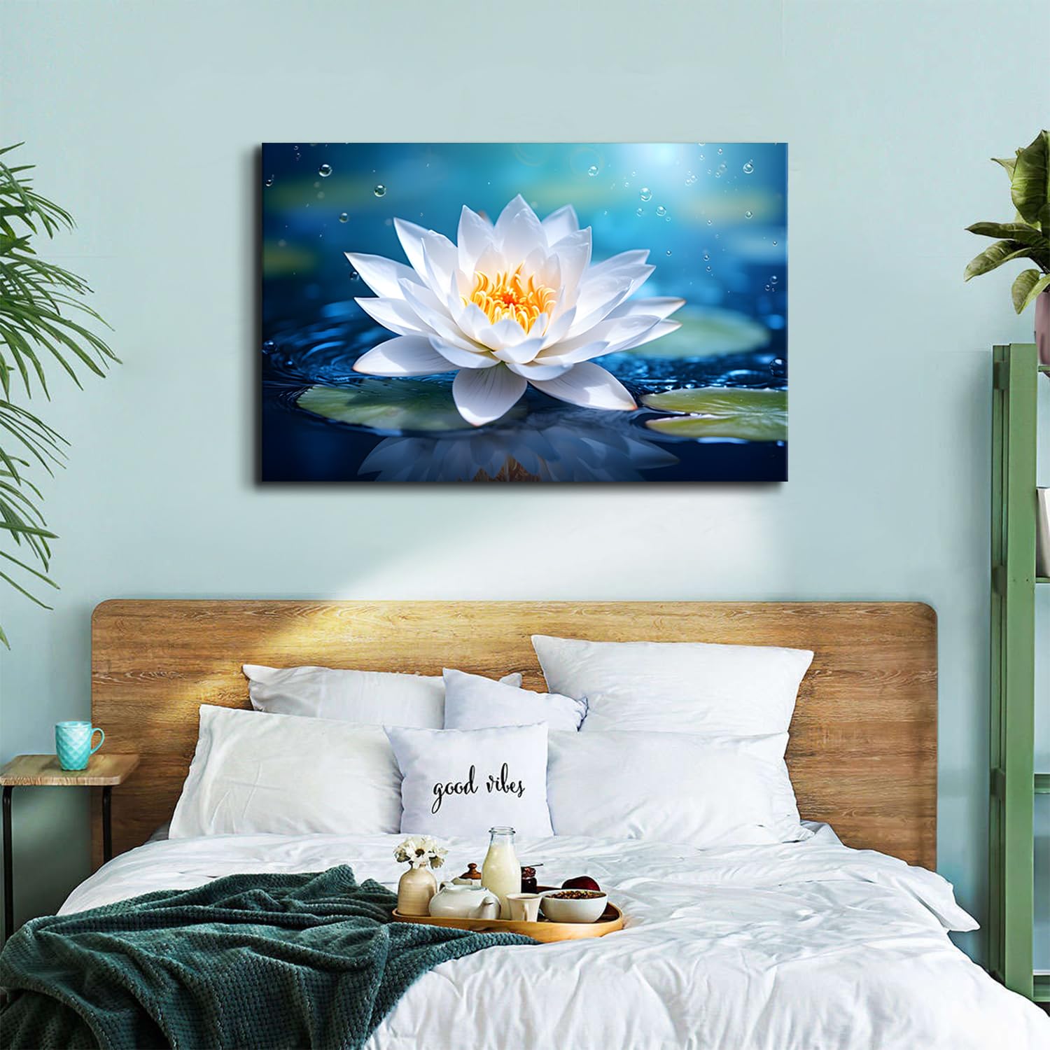 Blue White Lotus in Water Landscape Canvas Print - 32x48