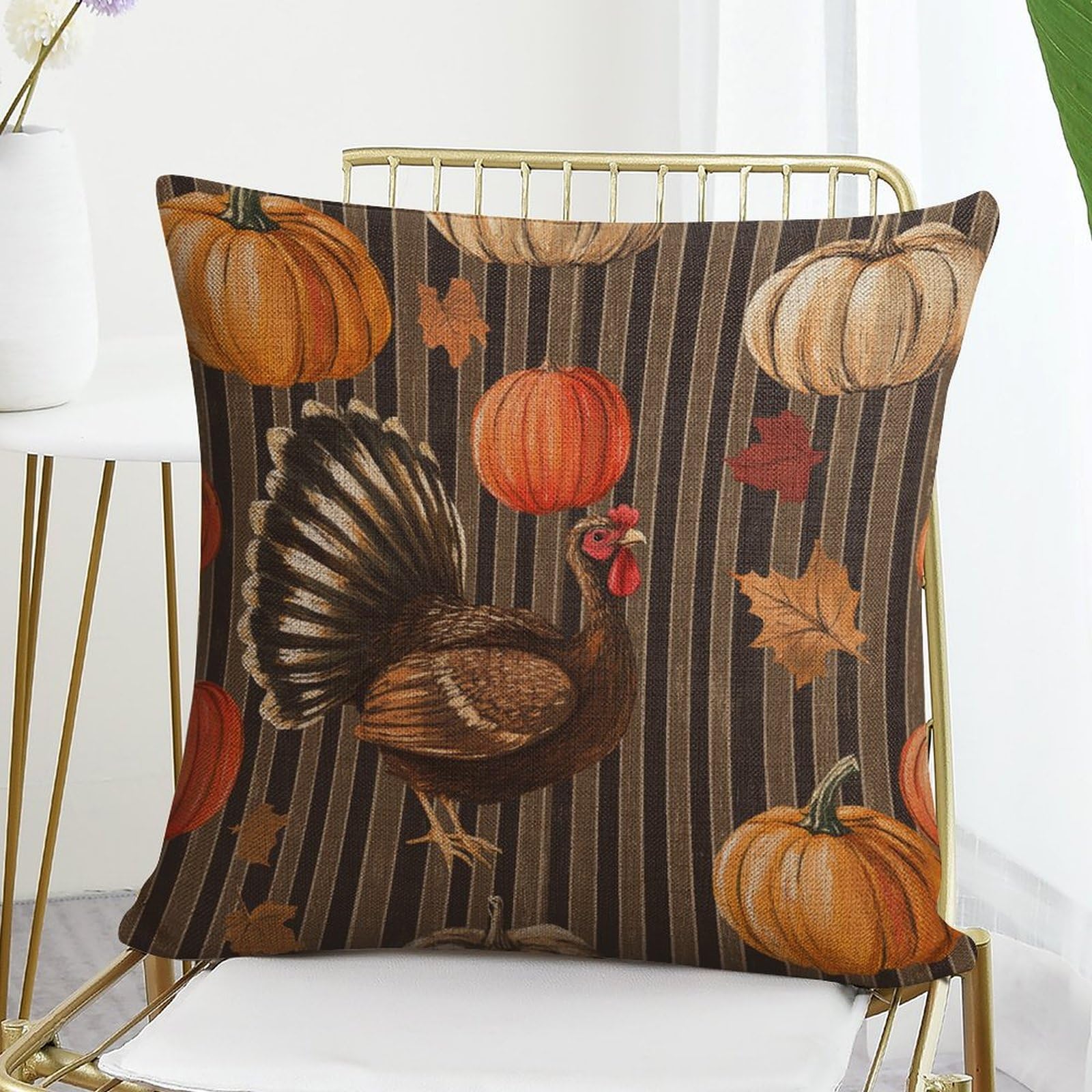 Thanksgiving Turkey Squash Autumn Harvest Pillow Cover 22x22 Inch - Farmhouse Decor with Maple Leaves for Sofa, Couch & Home Decor | Cozy Fall & Thanksgiving Decoration