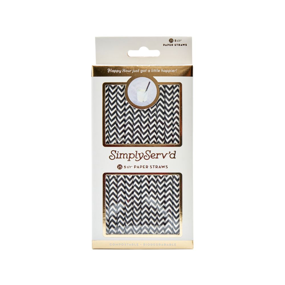 Eco-Friendly Black Chevron Paper Cocktail Straws - 25 Pack with Gift Box | Biodegradable Drinking Straws for Parties, Weddings & Home Decor