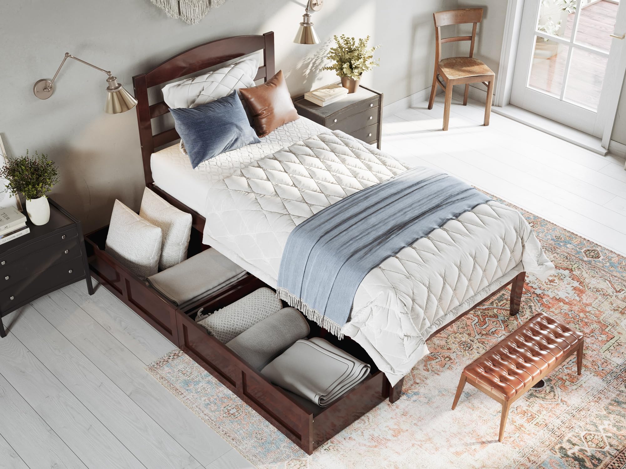 AFI Warren Twin Platform Bed with Storage Drawers (Set of 2) & USB Charger - Space-Saving Walnut Wood Bed Frame for Small Bedrooms, Kids Rooms & Guest Rooms