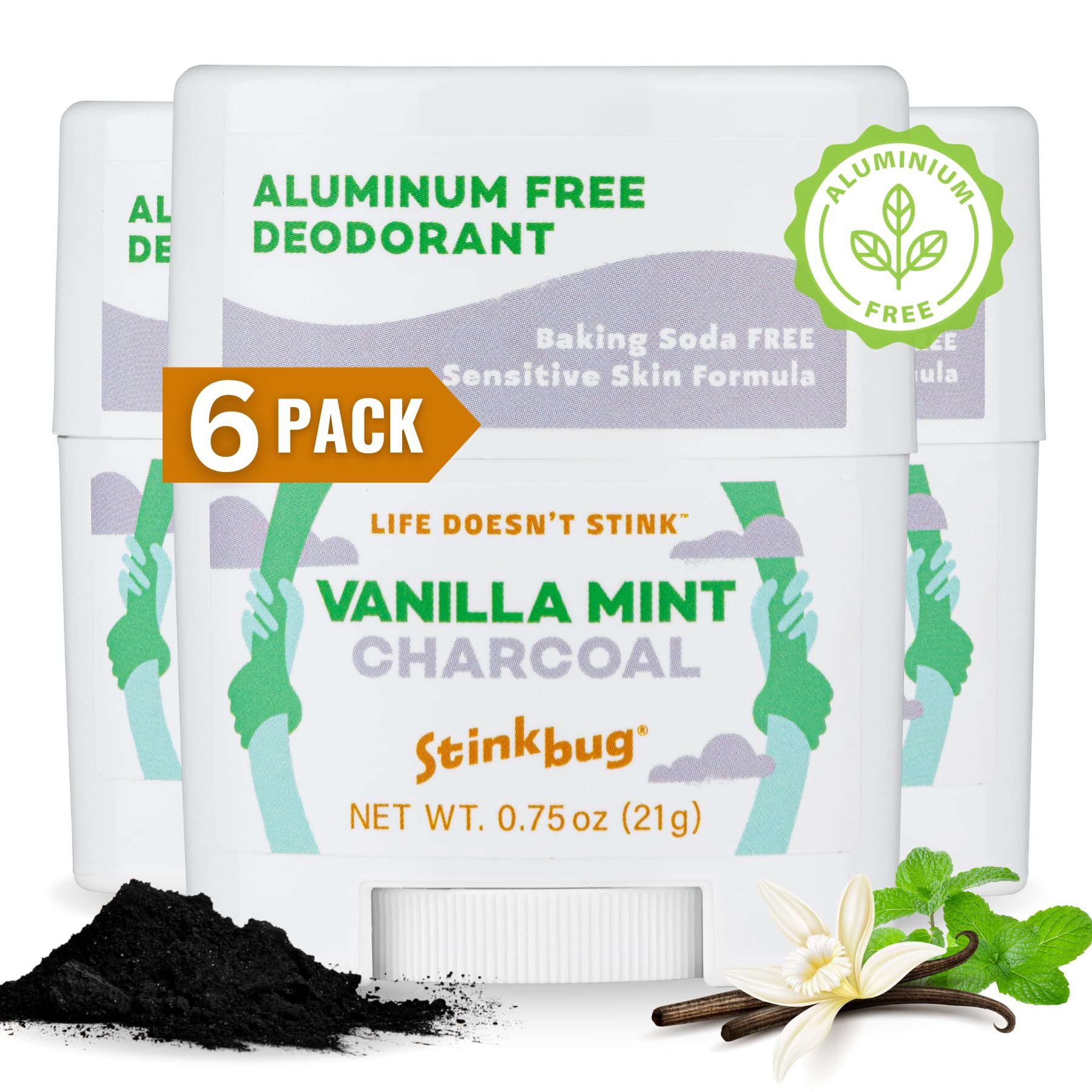 Organic Aluminum-Free Travel Size Deodorant Stick - Vanilla Mint Scent with Coconut Oil & Activated Charcoal (0.75 oz, Pack of 6) | Natural Odor Protection for Gym, Travel & Daily Use