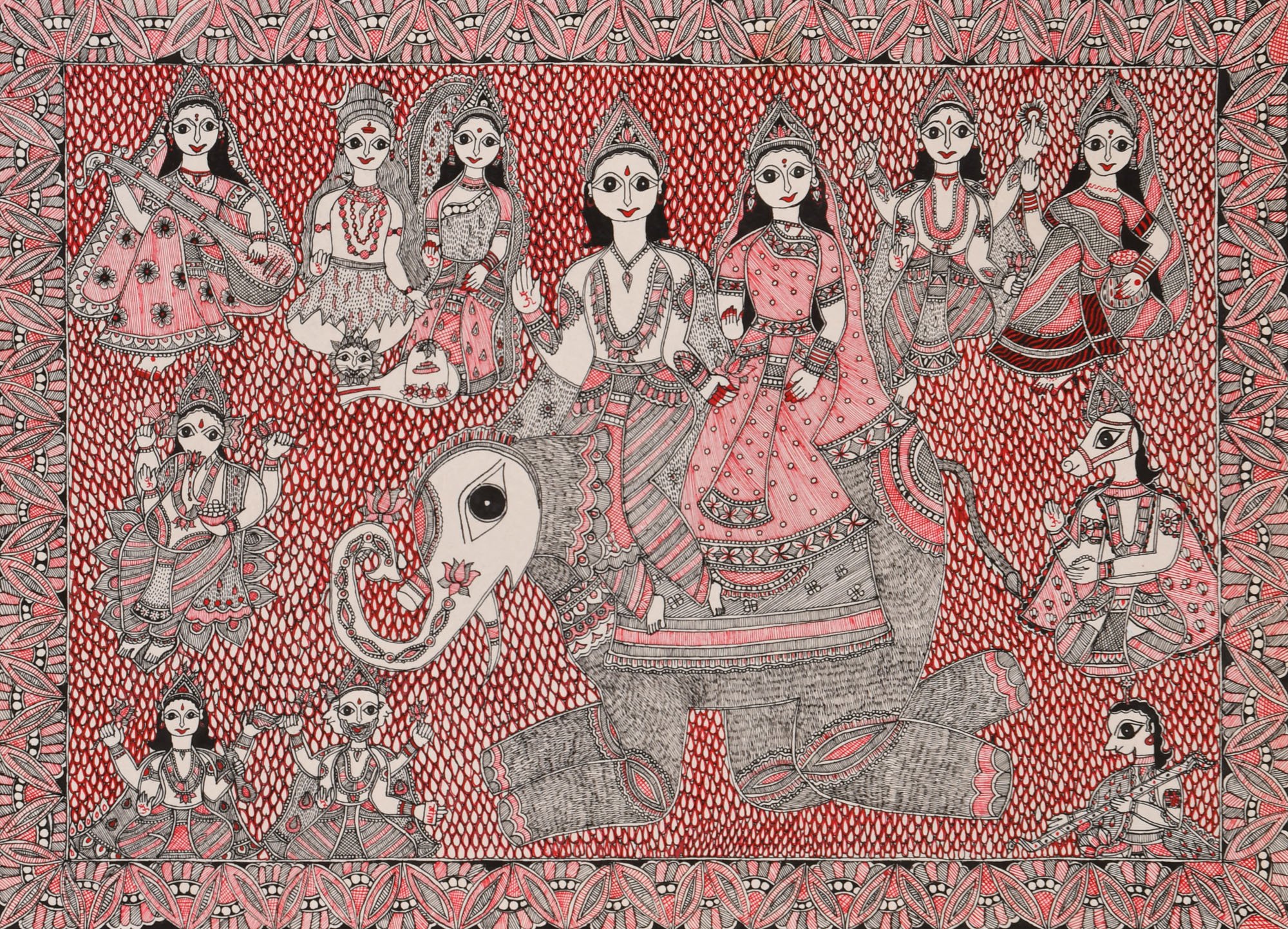 Indra and Indrani with Hindu Gods - Authentic Madhubani Folk Art Painting on Handmade Paper - Perfect for Home Decor, Spiritual Spaces & Indian Culture Enthusiasts