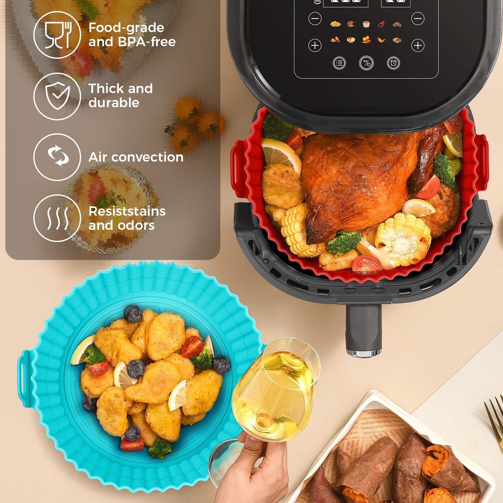 3Pcs Reusable Silicone Air Fryer Liners - 7.9 Inch Non-Stick Baking Tray, Food Grade & Greaseproof Accessories for Ninja, Tower, COSORI Air Fryers - Perfect for Roasting, Baking, and Frying Chicken Wings, Fries & Vegetables