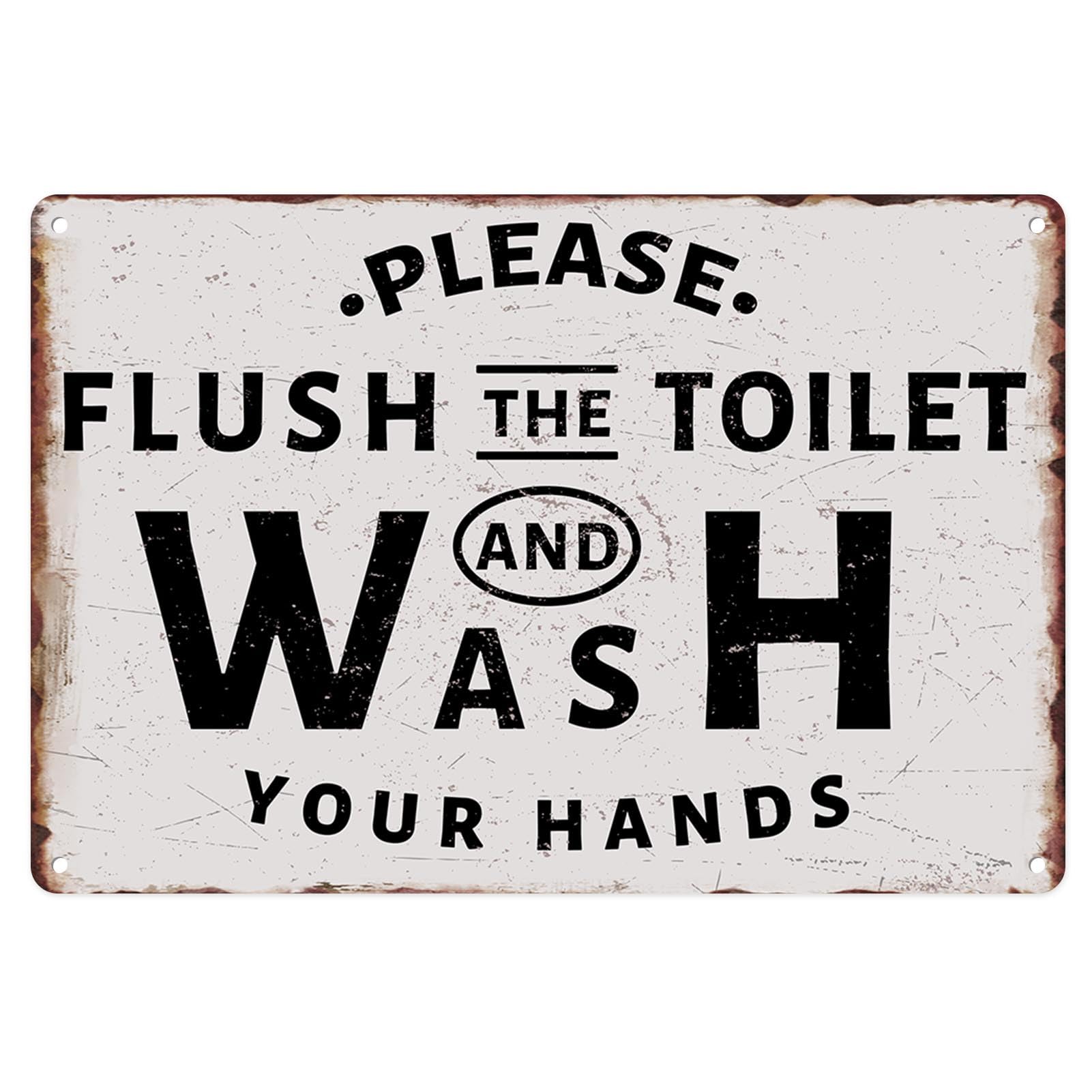 Sanwarm 8x12 Inch Vintage Metal Sign - Please Flush The Toilet & Wash Your Hands - Rustic Tin Wall Art for Bathroom, Home, Office Decor - Perfect for Restrooms, Cafes, and Retro Style Interior Design