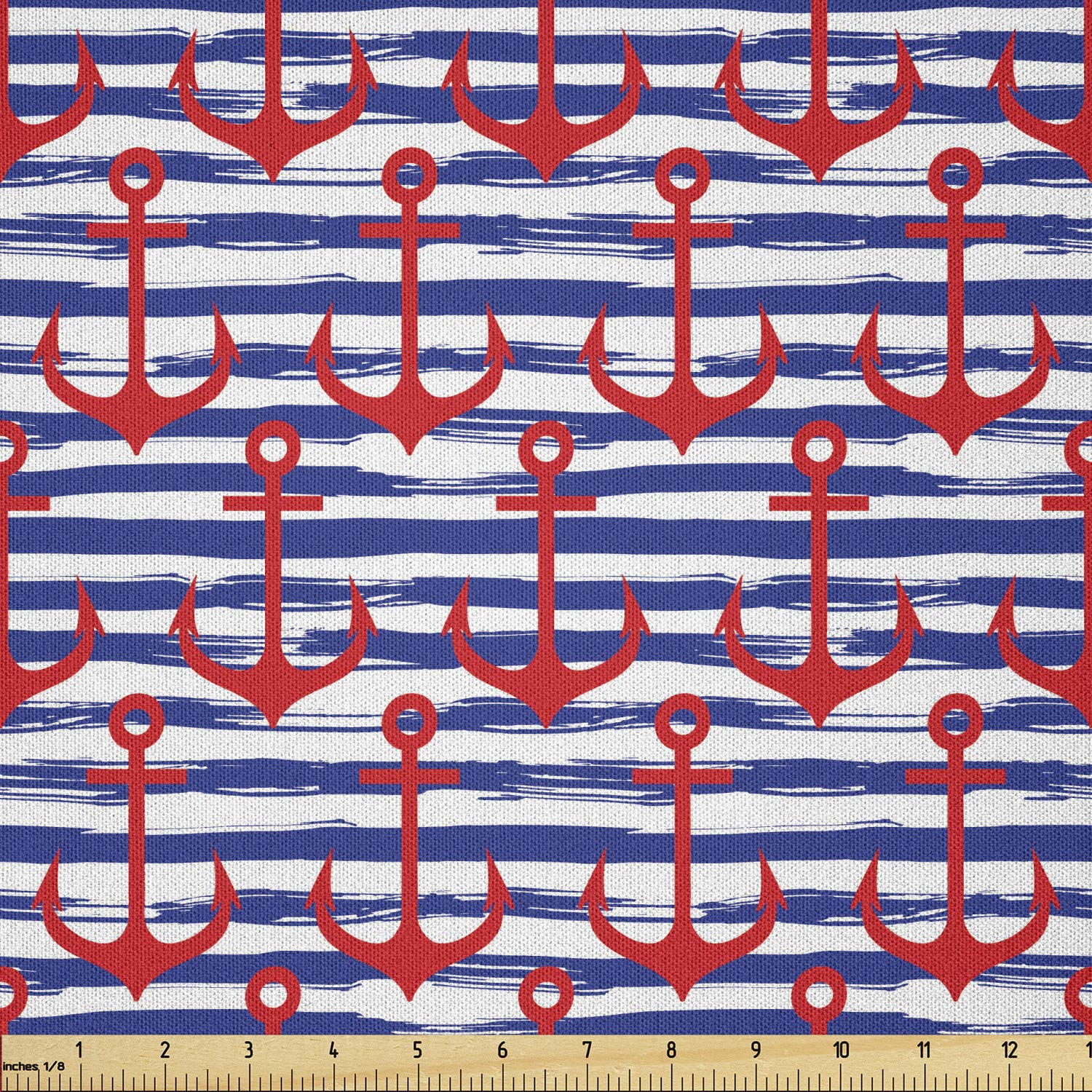 Lunarable Anchor Print Fabric by The Yard - Striped Background Geometric Art Holiday Party Decor, Navy Blue Red White Microfiber Material for DIY Crafts, Upholstery & Home Textiles (5 Yards) - Perfect for Nautical-Themed Decorations, Table Runners, and DIY Sewing Projects