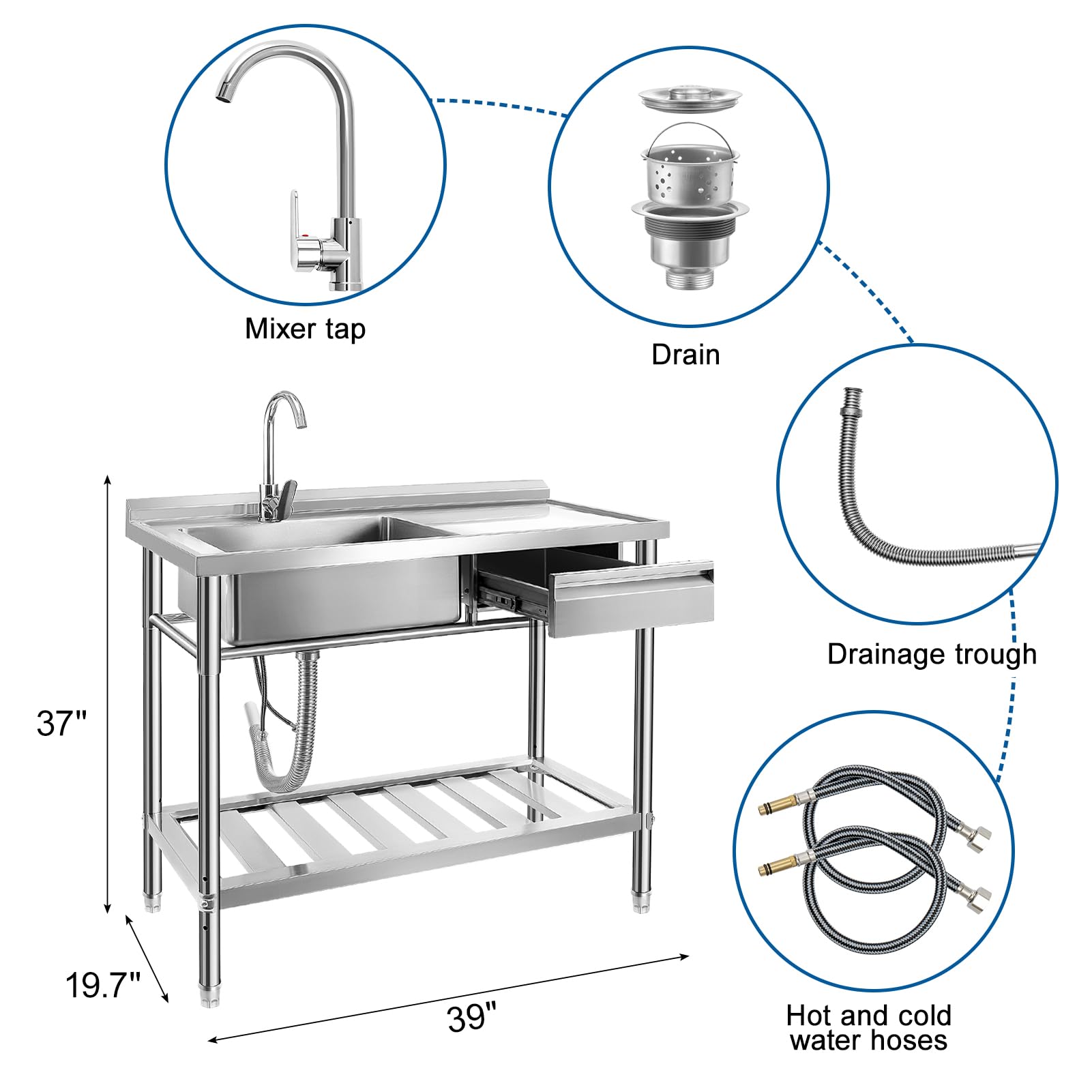 YORKING 39-inch Stainless Steel Utility Sink with Drawer Storage | Free Standing Single Bowl Kitchen Sink | Hot & Cold Water Pipes | Indoor & Outdoor Use for Laundry, Garage, or Garden