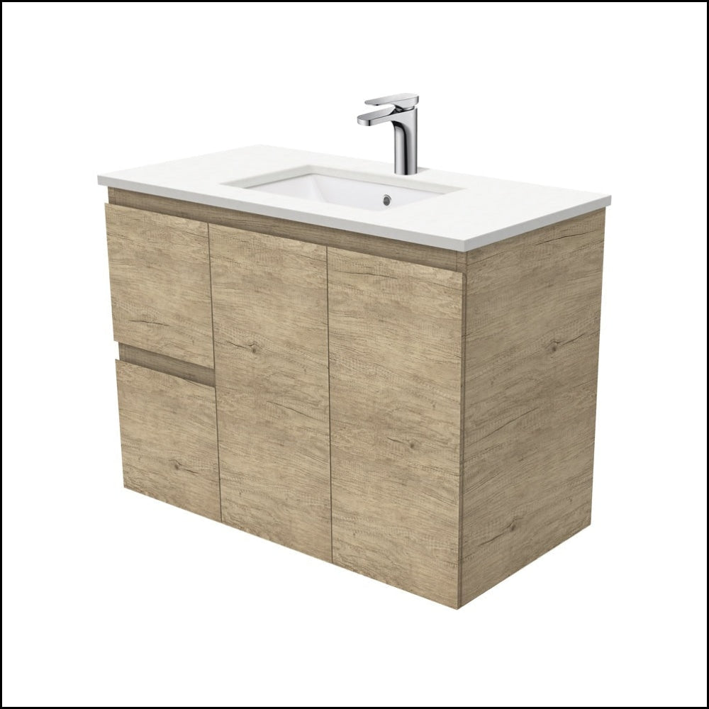 Fienza 36-Inch SC90SL Crystal Pure Undermount Bathroom Sink Vanity with Stone Countertop & Scandi Oak Finish - Wall Mounted Left Drawer Storage for Modern Bathrooms (Perfect for Small Spaces & Contemporary Home Decor)