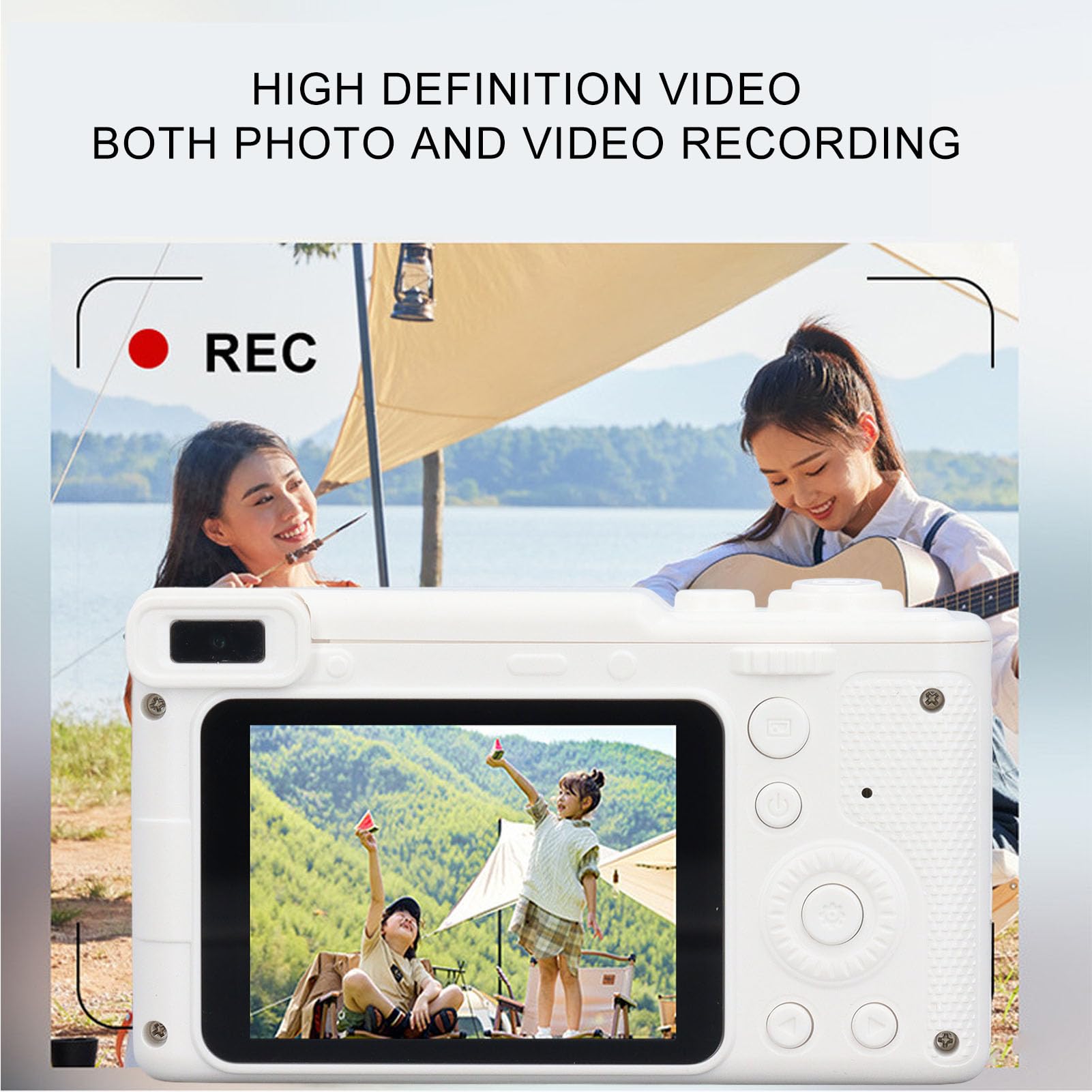 4K Kids Digital Camera with Foldable Tripod & IPS Screen - 8X Digital Zoom, Auto Light Fill - Compact Travel Camera for Hiking, Camping, Birthday Gifts & Outdoor Adventures (White)