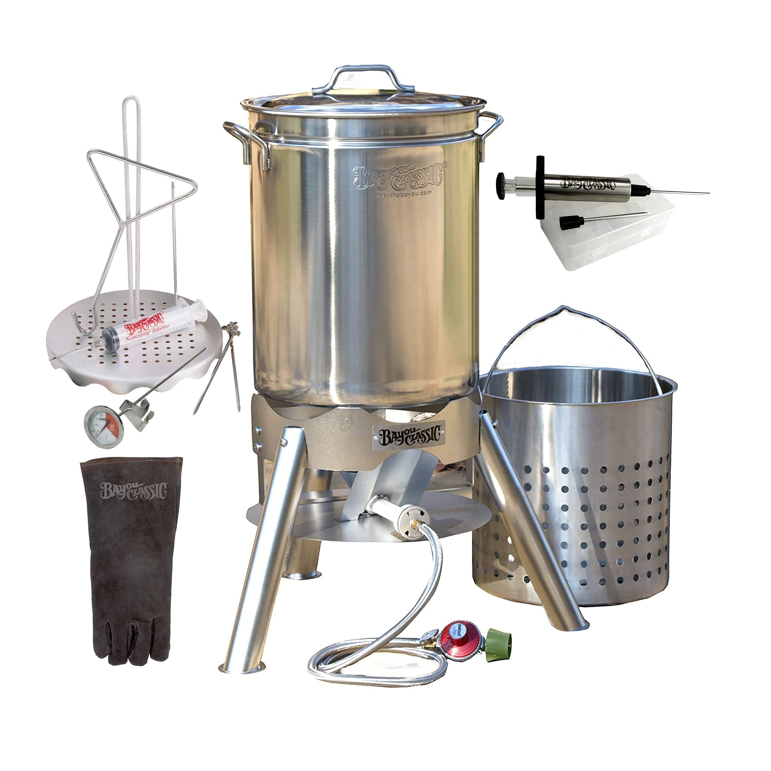 Bayou Classic 44 Quart Stainless Steel Commercial Turkey Deep Fryer Kit - Heavy Duty Outdoor Cooking for 25 lb Turkeys, Chicken & Seafood | Perfect for Thanksgiving, Camping & Large Gatherings