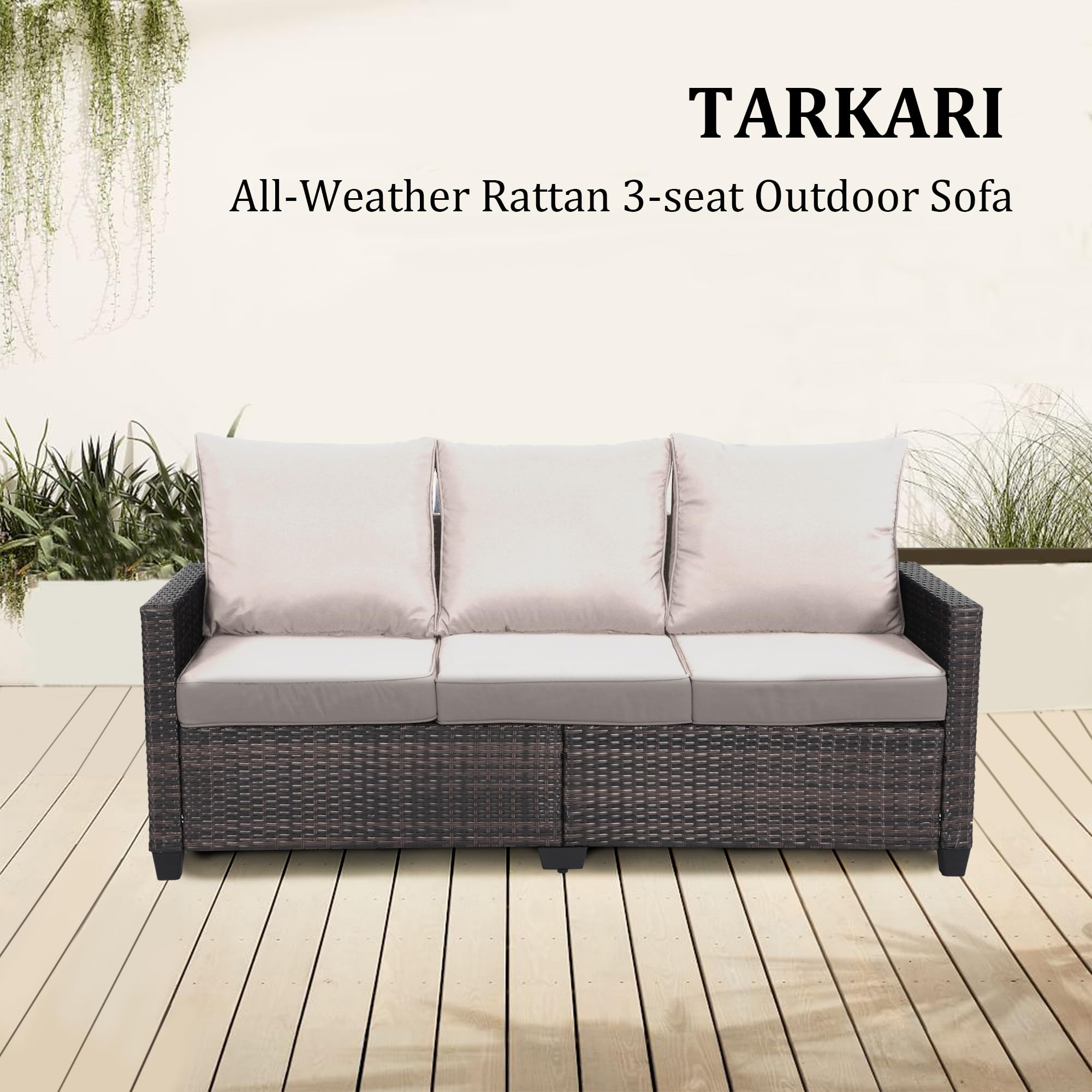 All Weather Wicker Patio Couch - 3-Seater Outdoor Sofa with High Curved Back, Durable Brown Rattan & Thick Cushions - Perfect for Garden, Backyard, Porch, Poolside & Patio Furniture (Beige)