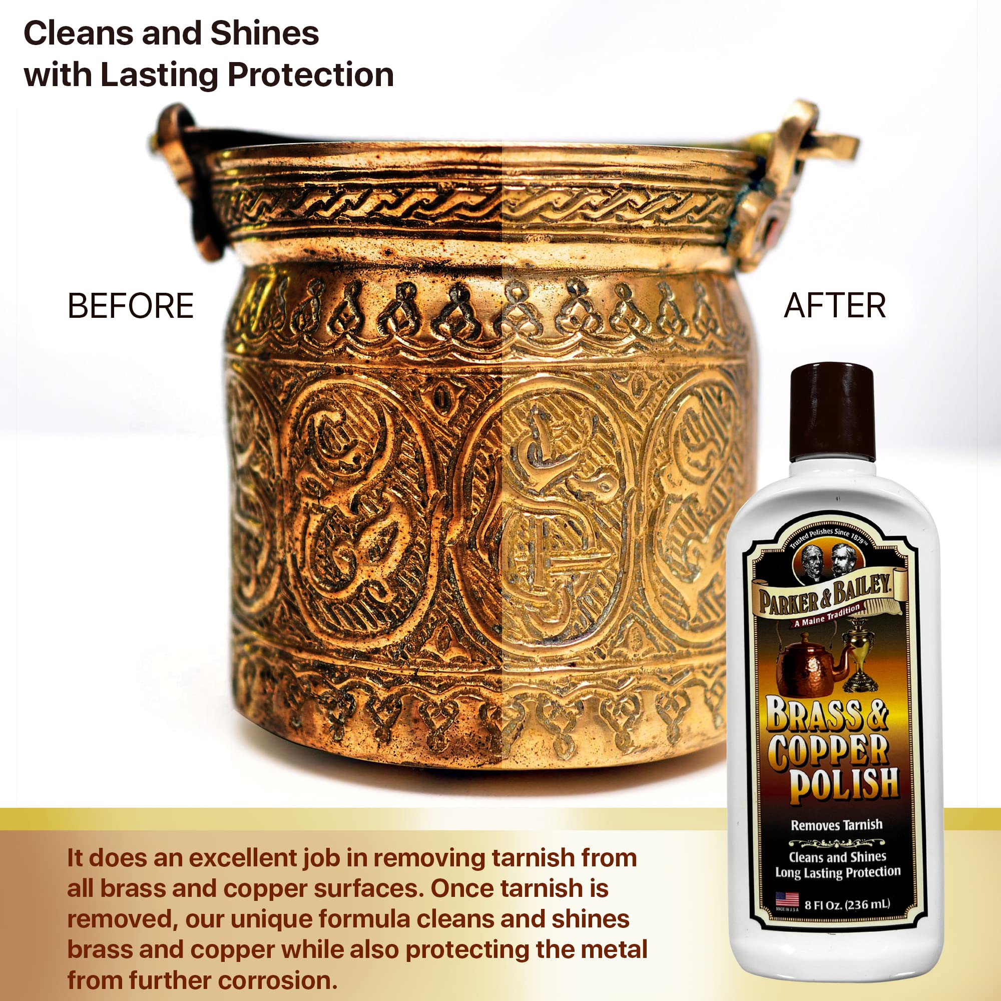 **PARKER & BAILEY Brass and Copper Polish Cleaner – Tarnish Remover & Metal Polish Cream for Antique Decor, Pans, Jewelry & Furniture (8 Oz) – Restores Shine for Kitchenware, Collectibles & Home Decor**