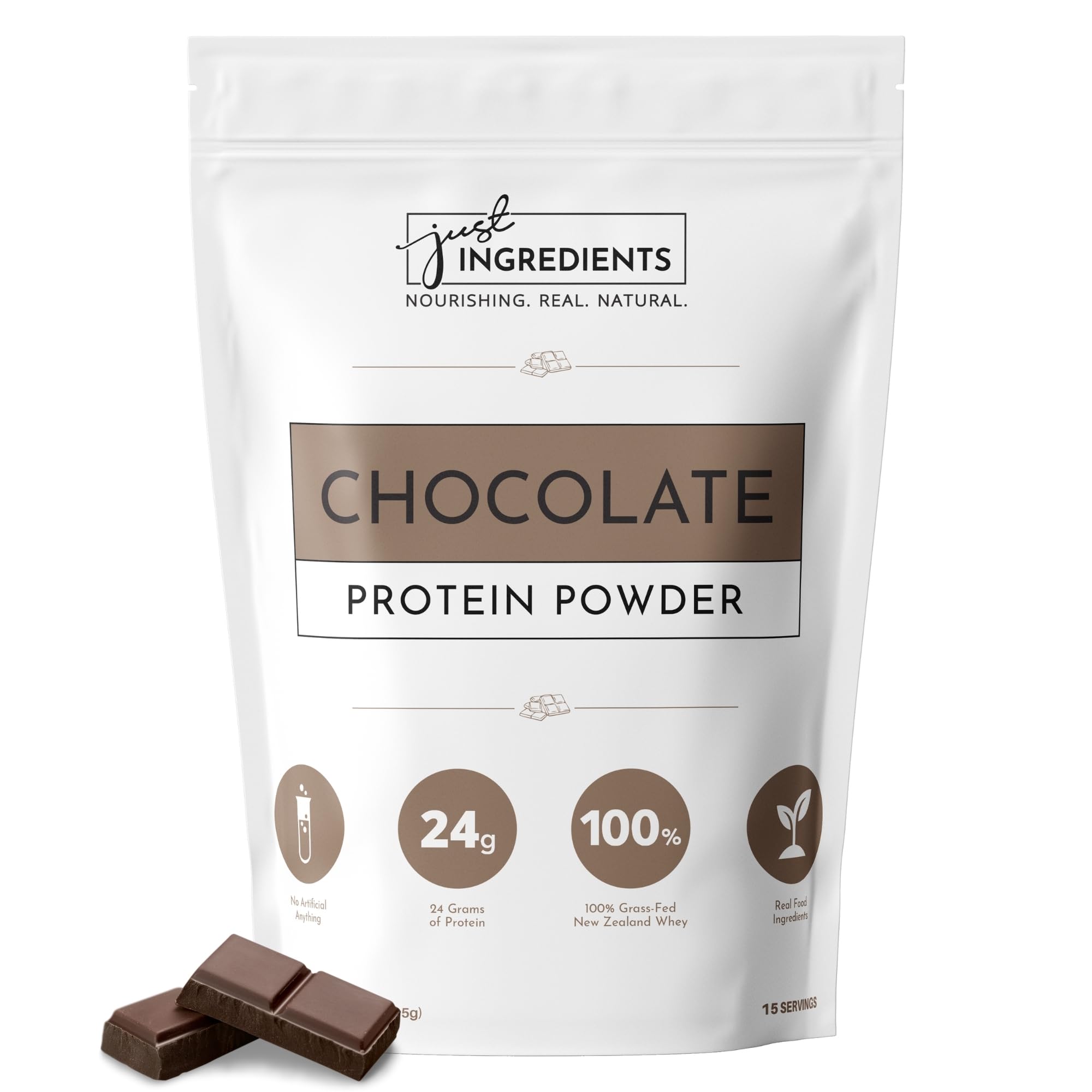 JUST INGREDIENTS Organic Whey Protein Powder - 24g Grass-Fed Protein per Serving, Chocolate Flavor (15 Servings) | Non-Denatured, 5 Whole Food Sources | Perfect for Post-Workout Recovery & Muscle Building