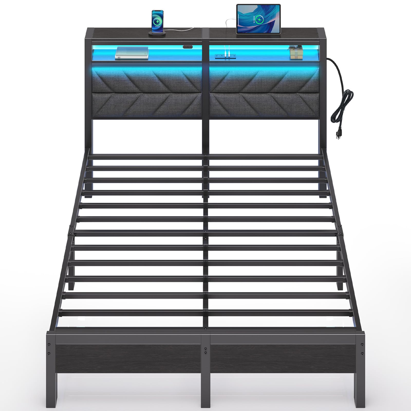 Full Size LED Upholstered Storage Bed Frame with USB Charging Station & Under Bed Storage - Metal Platform Bed, No Box Spring Needed, Noise Free, Easy Assembly, Grey - Perfect for Small Bedrooms, Dorms & Apartments