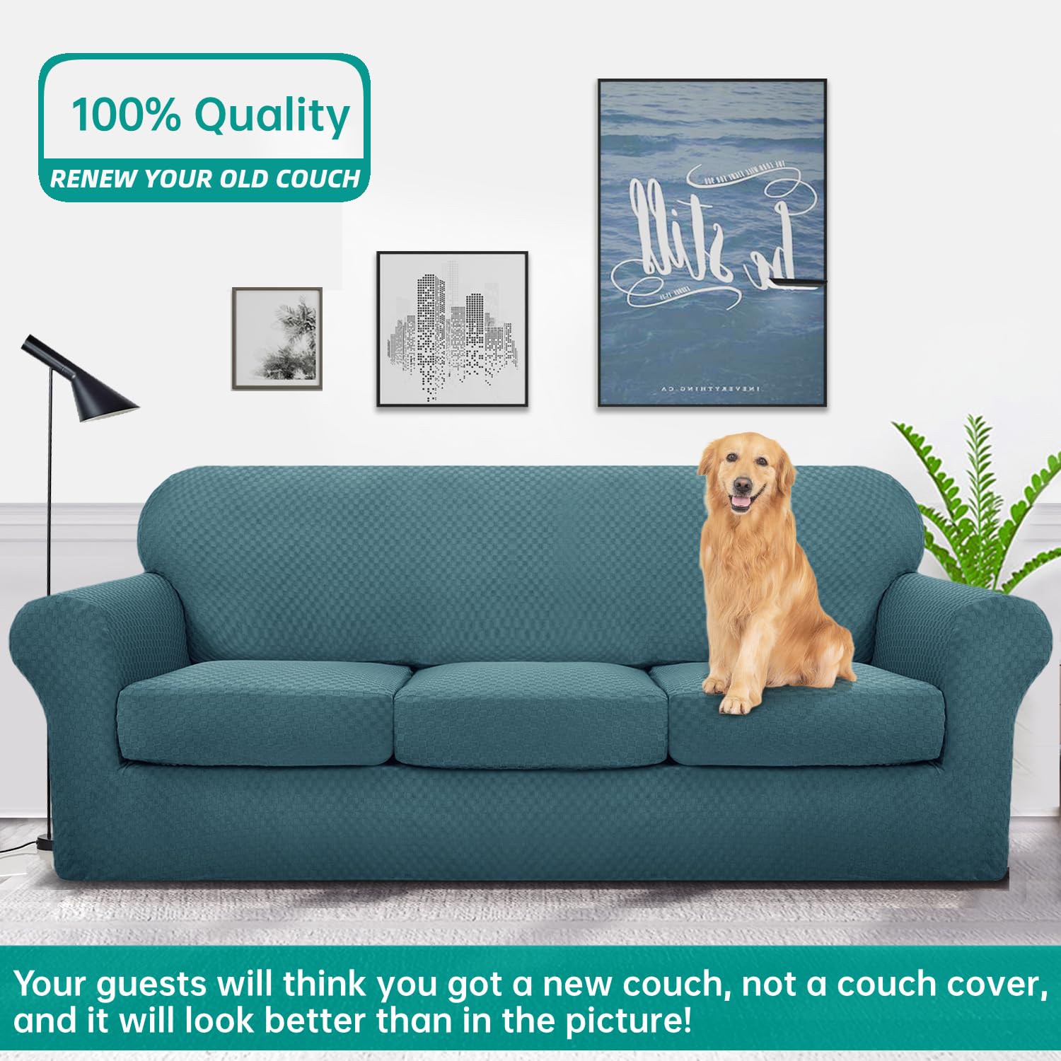 YEMYHOM 4-Piece Checkered Stretch Sofa Cover for 3-Cushion Couch - Thickened Pet-Friendly Elastic Slipcover, Teal (71