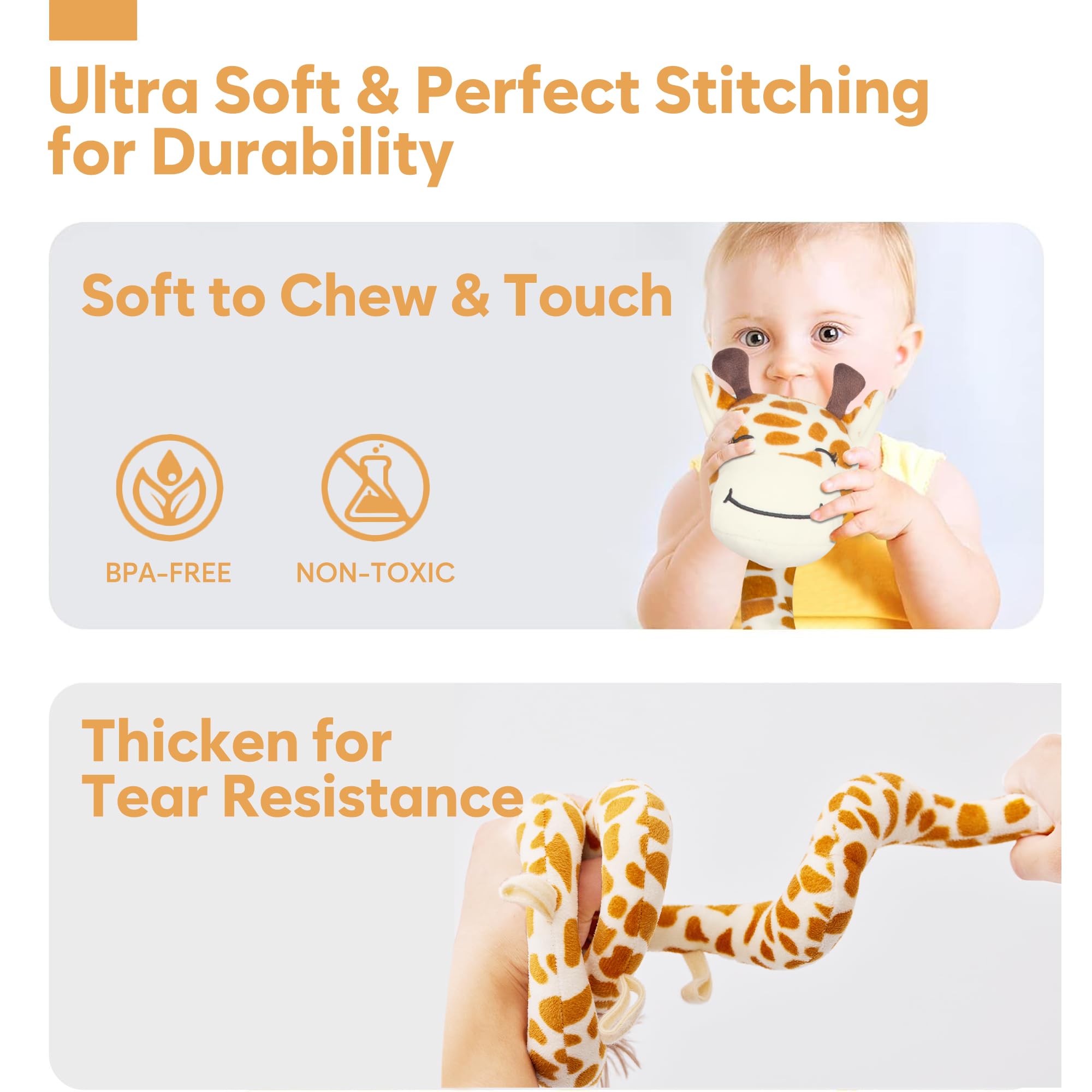 Soft Spiral Stuffed Giraffe Car Seat Toy for Babies 0-6 Months - Hanging Stroller Activity Toy with Bee Rattle, Flower Mirror, Rainbow Cloud & Star Bibi - Perfect Baby Shower Gift for Newborns & Infant Car Seat Entertainment