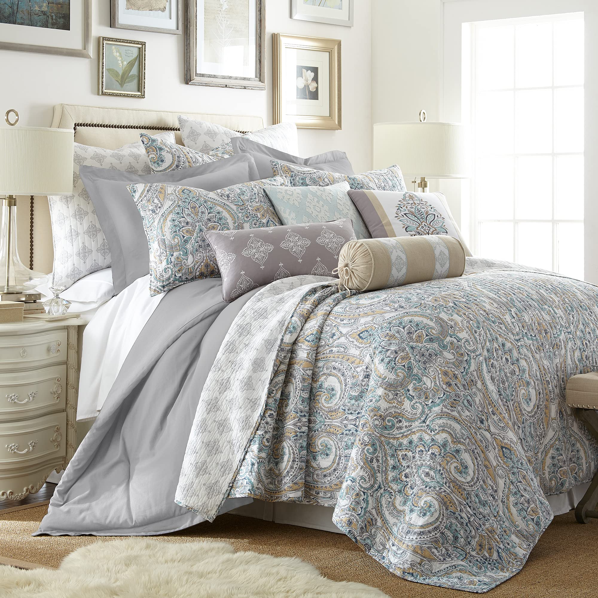 Levtex Home Rome Reversible Cotton Quilt Set - Full/Queen Size (88x92in) with 2 Standard Pillow Shams (26x20in) - Paisley Pattern in Beige, Blue & White - Cozy Bedding for Master Bedroom, Guest Room & Dorm Decor
