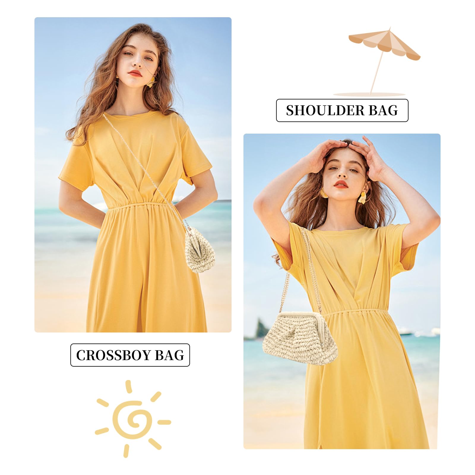 Women's Woven Straw Crossbody Bag - Beach Handbag with Pouch for Outings