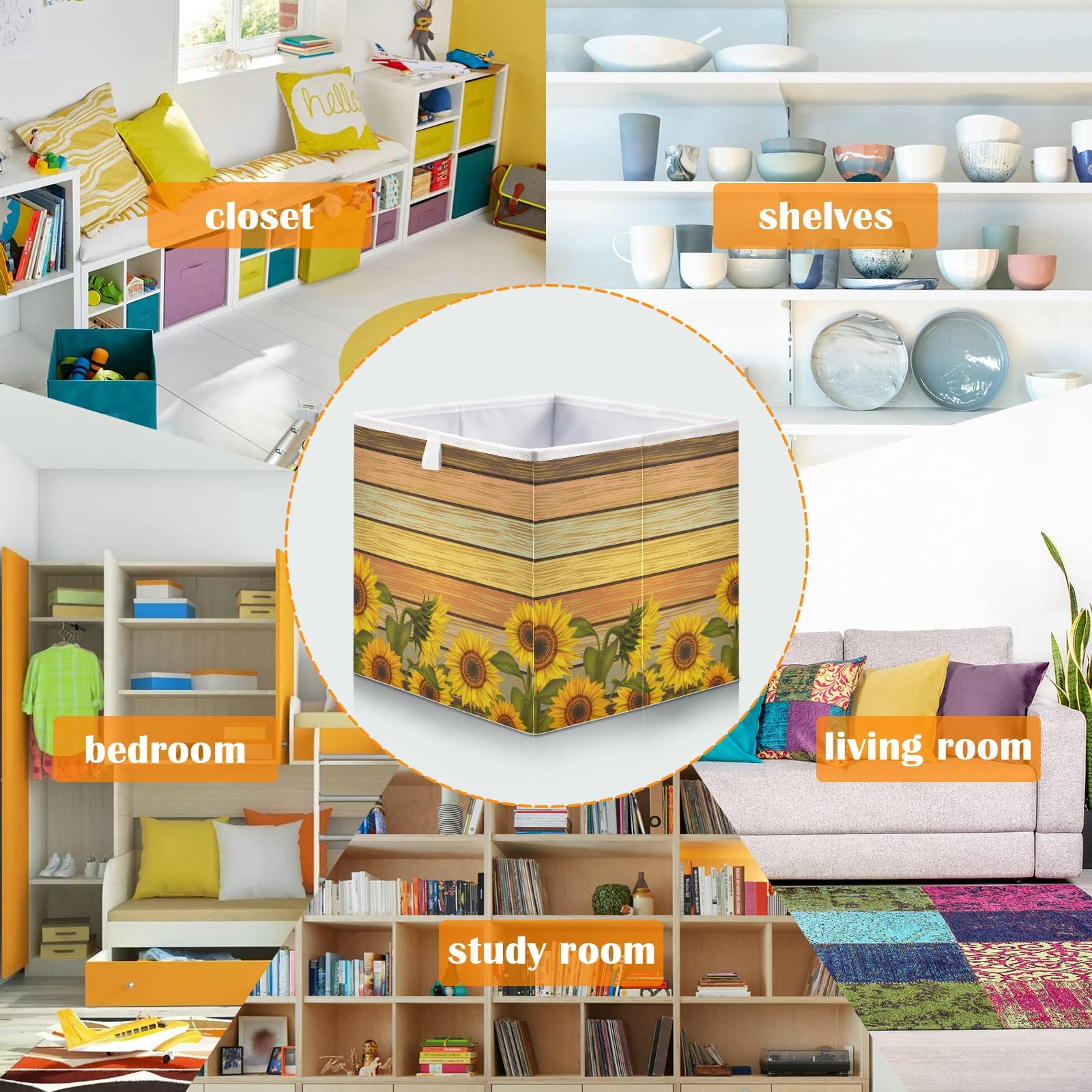 Foldable Collapsible Storage Baskets with Sunflower Leaves Print - 11x11 Inch Fabric Cube Organizer for Shelves, Pantry, Bathroom & Nursery | Space-Saving Toy & Baby Clothes Storage Solution