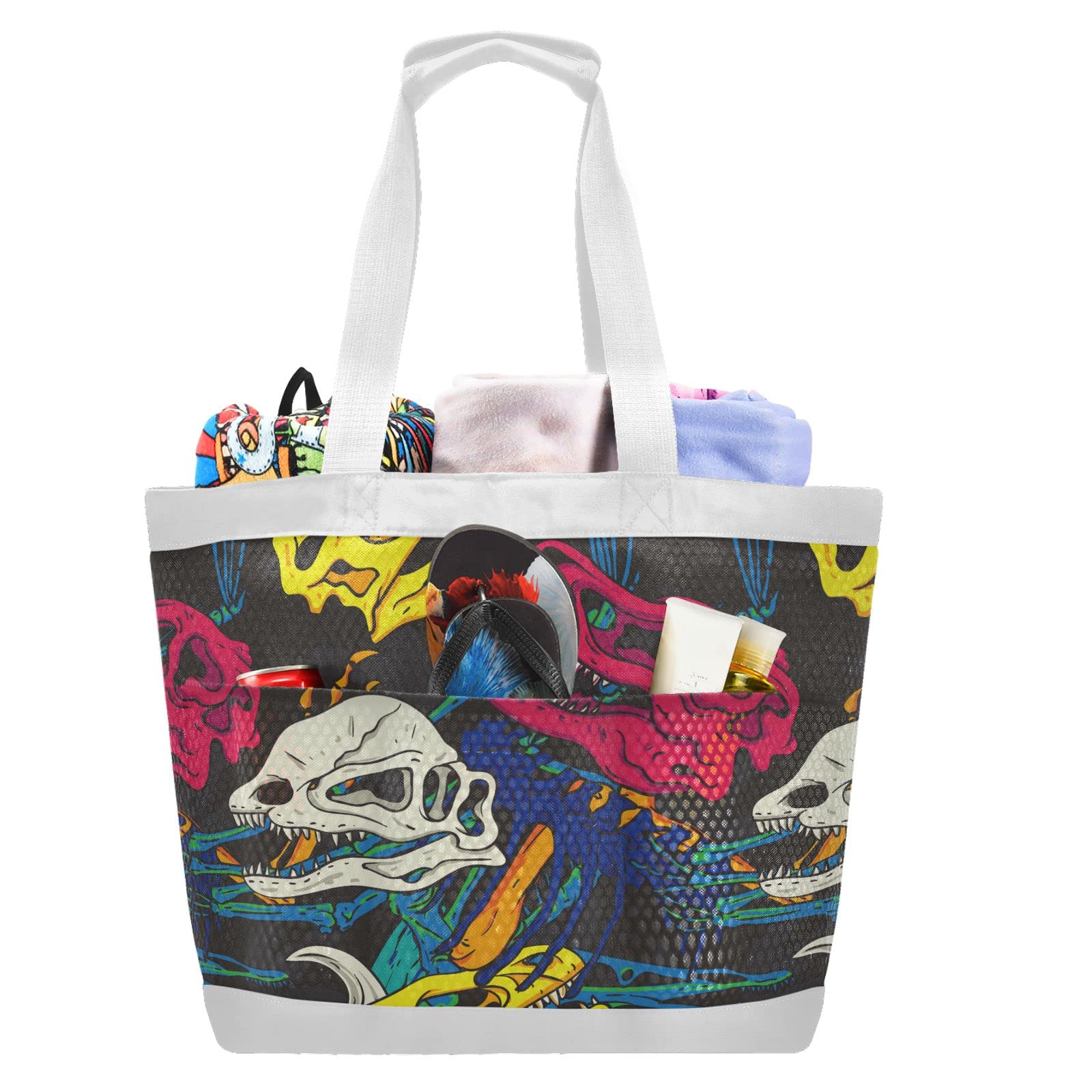 **Colorful Dinosaur Fossils Beach Bag - Waterproof Large Mesh Tote for Travel, Pool, Gym & Yoga - White (Perfect for Beach Trips, Swimming, Sports & Outdoor Activities)**