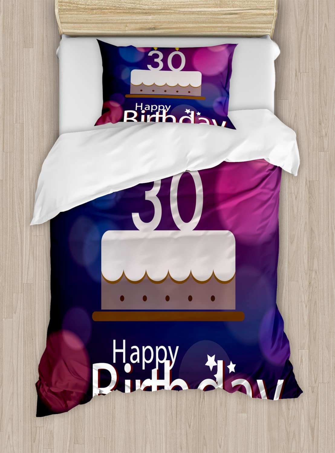 Ambesonne 30th Birthday Duvet Cover Set - Queen Size 2-Pack with 2 Duvet Covers & 4 Pillowcases - Pink Navy Blue White Abstract Bokeh Background Cake Design - Perfect for Birthday Parties, Bedroom Decor & Gift Giving