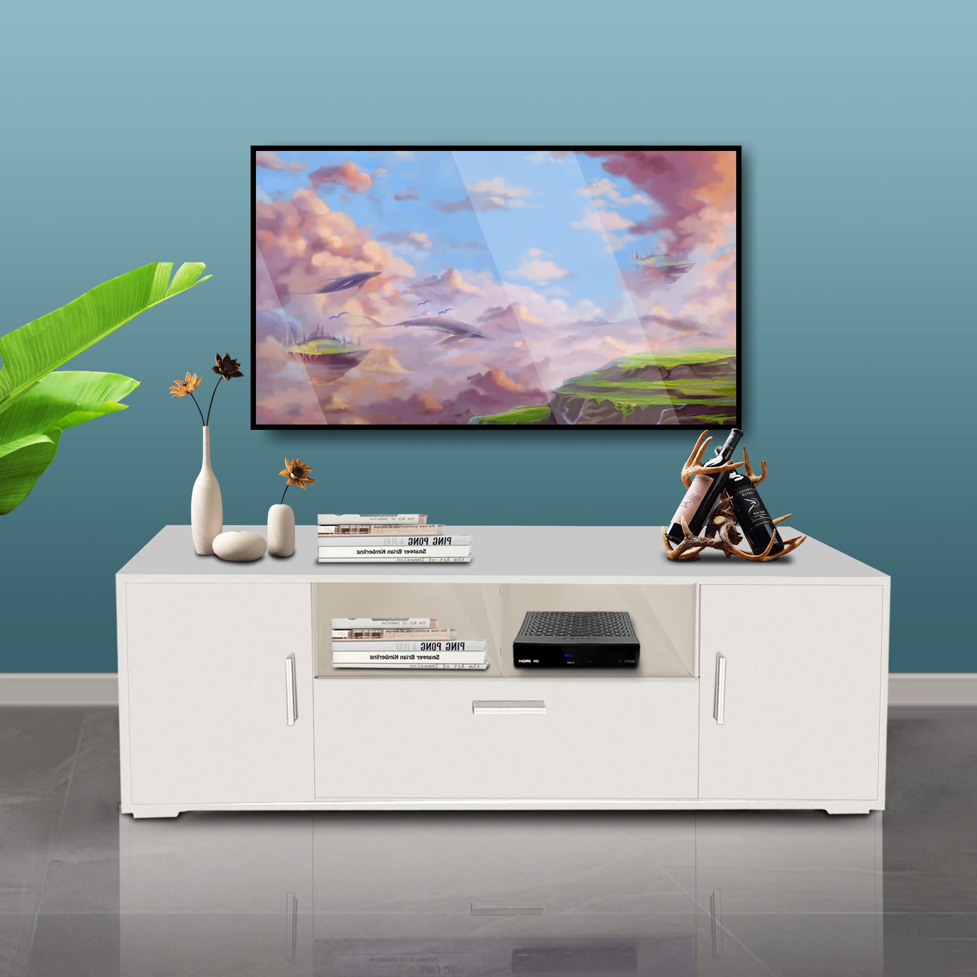 P PURLOVE 65 Inch Modern TV Stand with LED Lights (16 Colors) - 3 Storage Lockers & Open Shelf, Easy Assembly Entertainment Center for Living Room & Bedroom - White | Perfect for Home Theater Setup & Space Saving Furniture