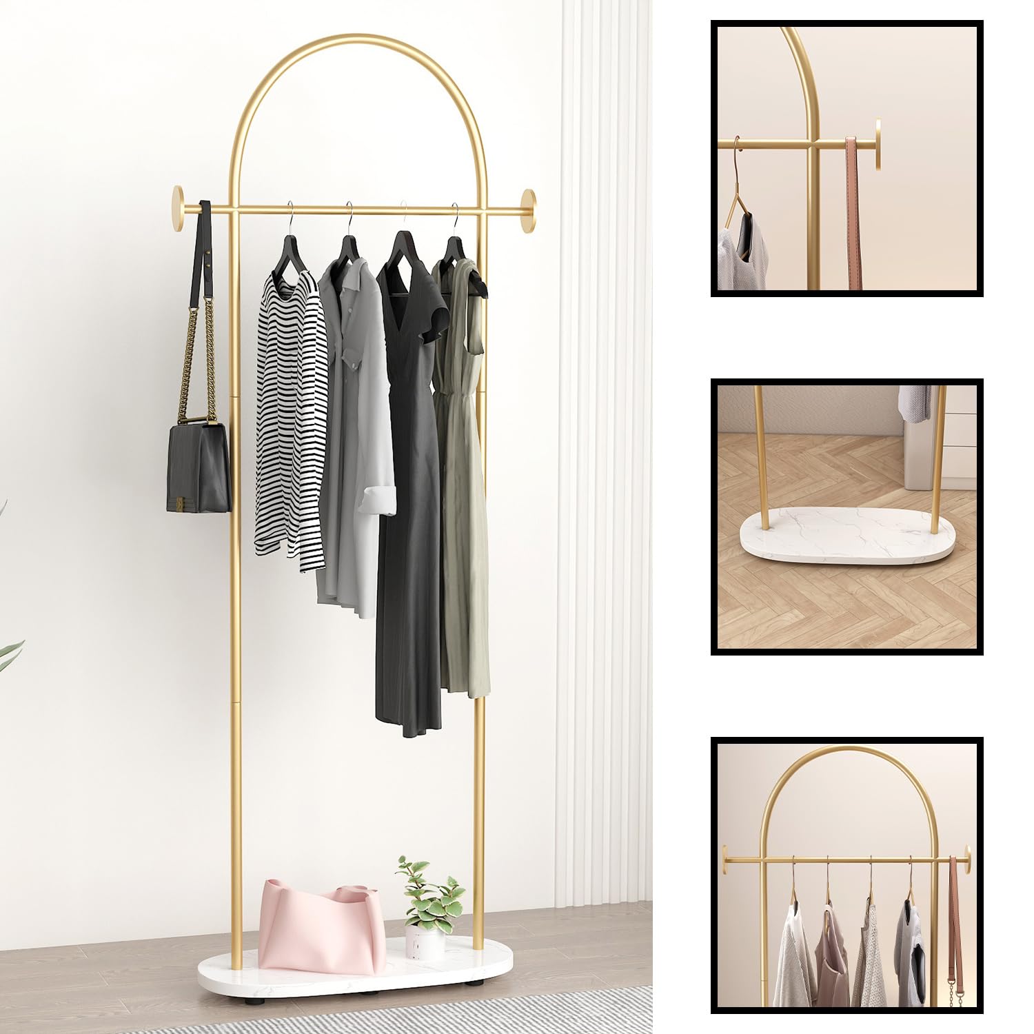 Gold Clothing Rack - Heavy Duty Freestanding Coat Rack with Shelf & Hooks | Modern Metal Garment Hanger Stand for Boutique, Office & Home Organization | Perfect for Closet Storage, Retail Display & Bedroom Decor
