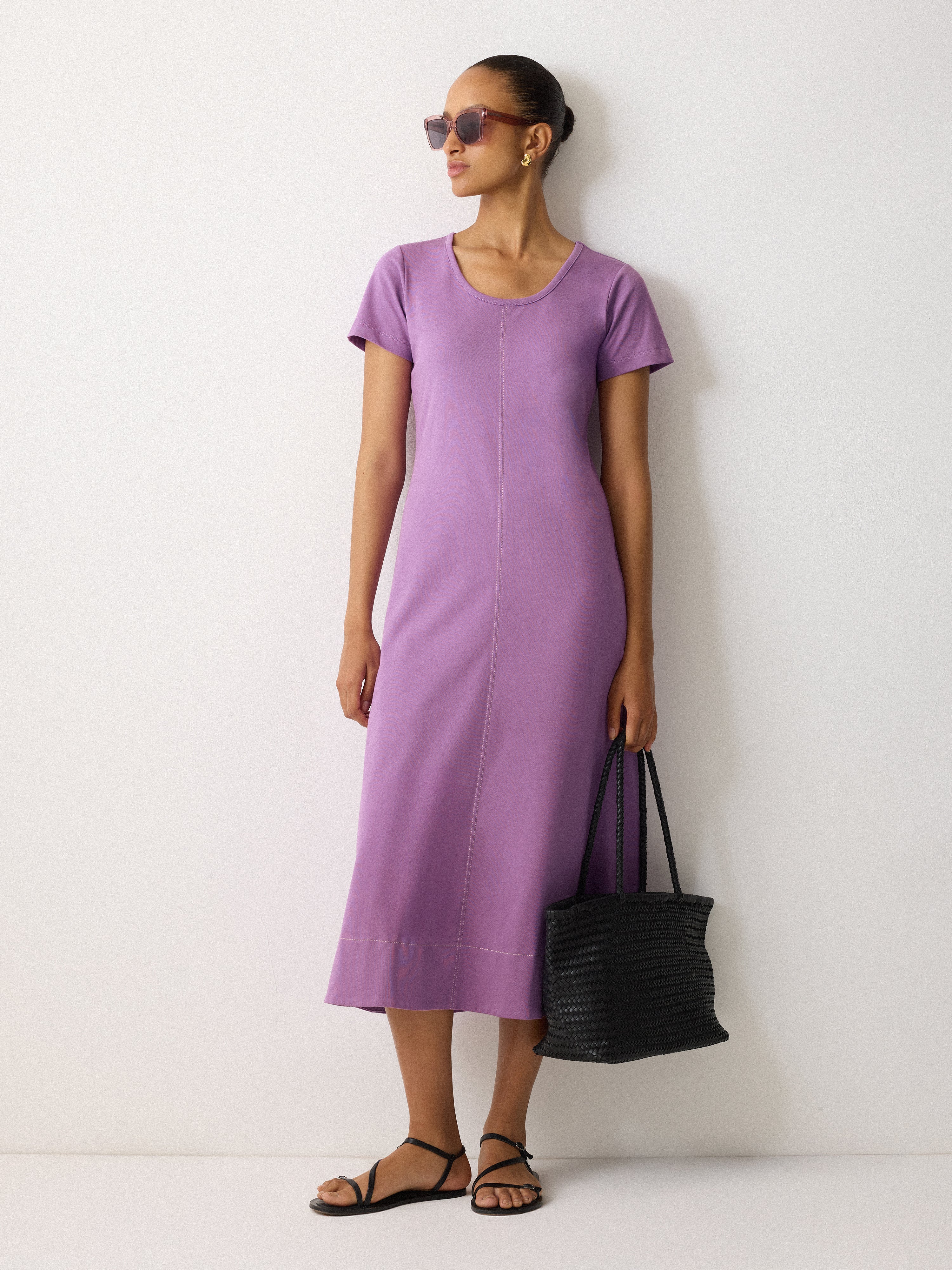 Elegant Stitched Short Sleeve Dress for Women - Soft Purple Flowy Summer Dress | Perfect for Beach Vacations, Date Nights & Casual Outings