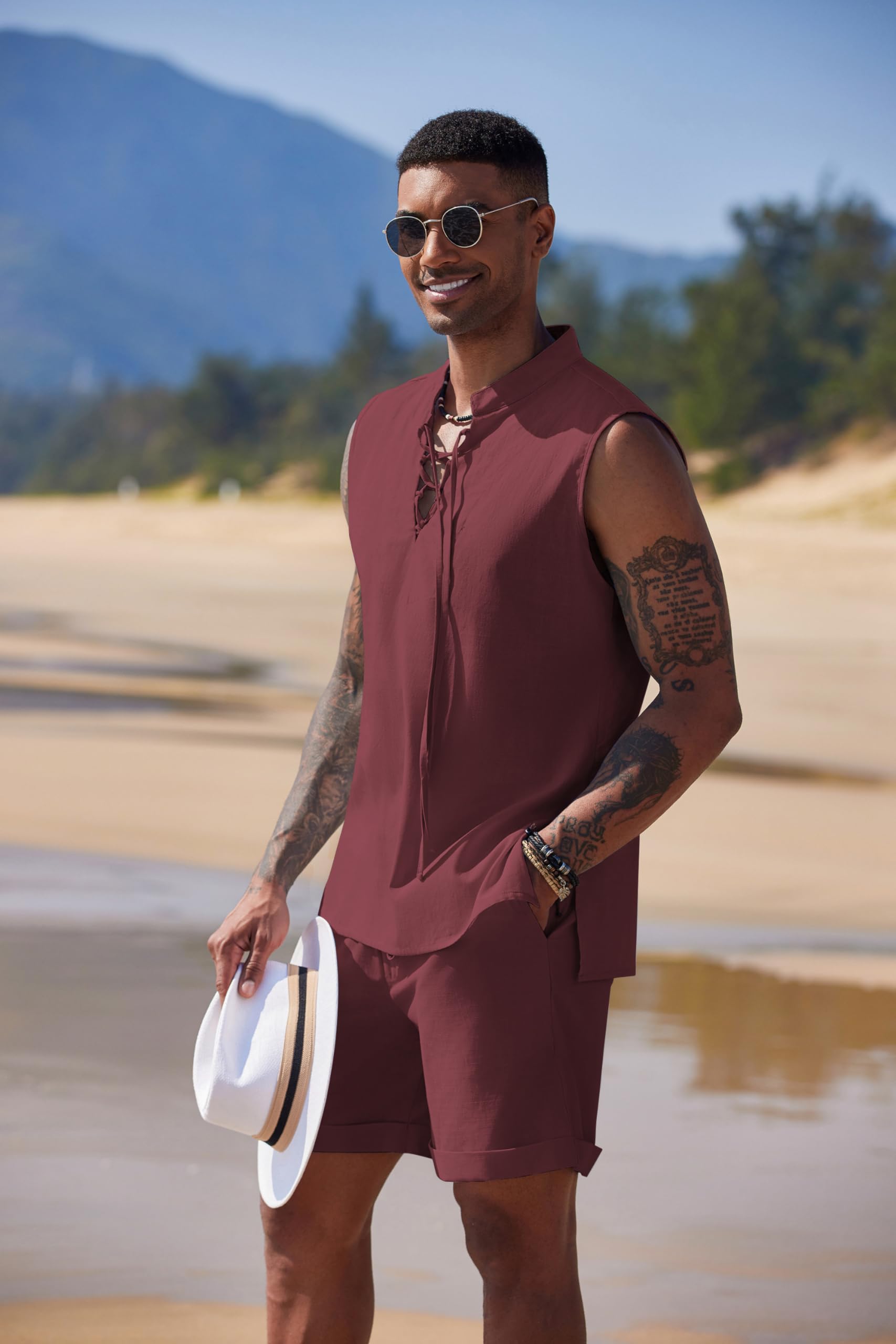 COOFANDY Men's 2-Piece Linen Beach Outfit Set - Breathable Lace-Up Hippie Tank Top & Matching Shorts for Summer Casual Wear | Perfect for Beach Vacations, Music Festivals, and Boho Style Outfits