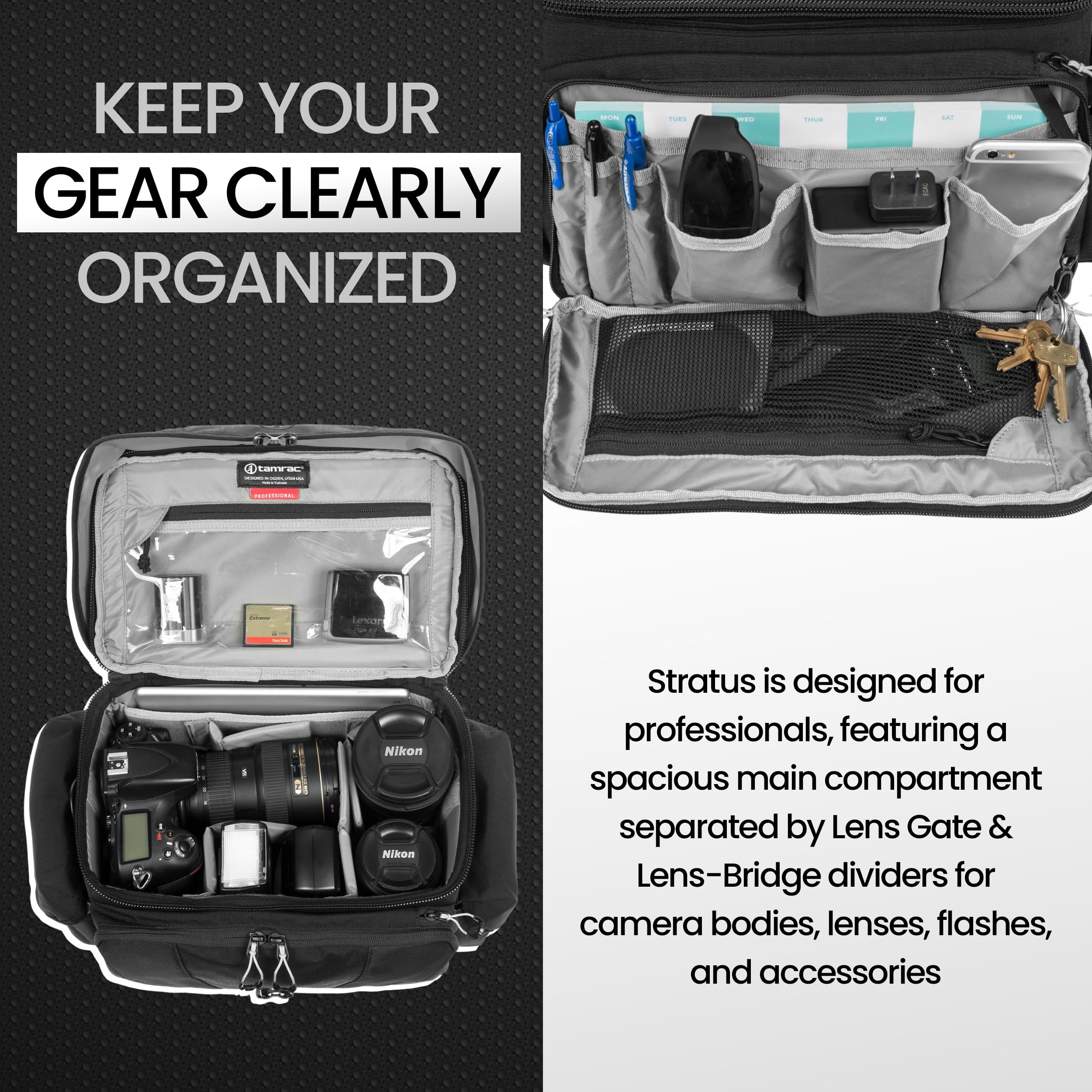 Tamrac Stratus 8 DSLR Mirrorless Camera Bag - Waterproof Shoulder Crossbody Bag with Tripod Holder & Padded Compartments for Photography Accessories (Black) | Perfect for Travel, Hiking & Outdoor Photography