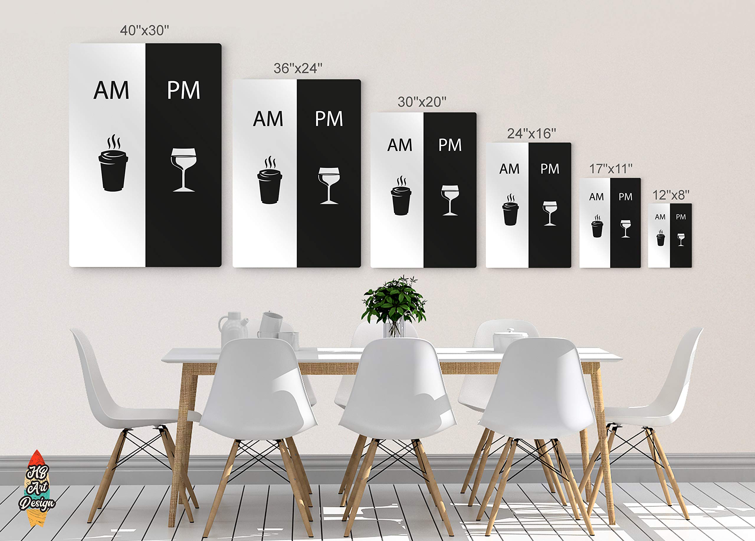 HB Art Design AM & PM Modern Black & White Coffee & Wine Metal Print Wall Art - 40x30 Inches - Coffee Bar, Kitchen, Dining Room & Restaurant Decor - Perfect for Home, Cafe & Coffee Shop Gifts