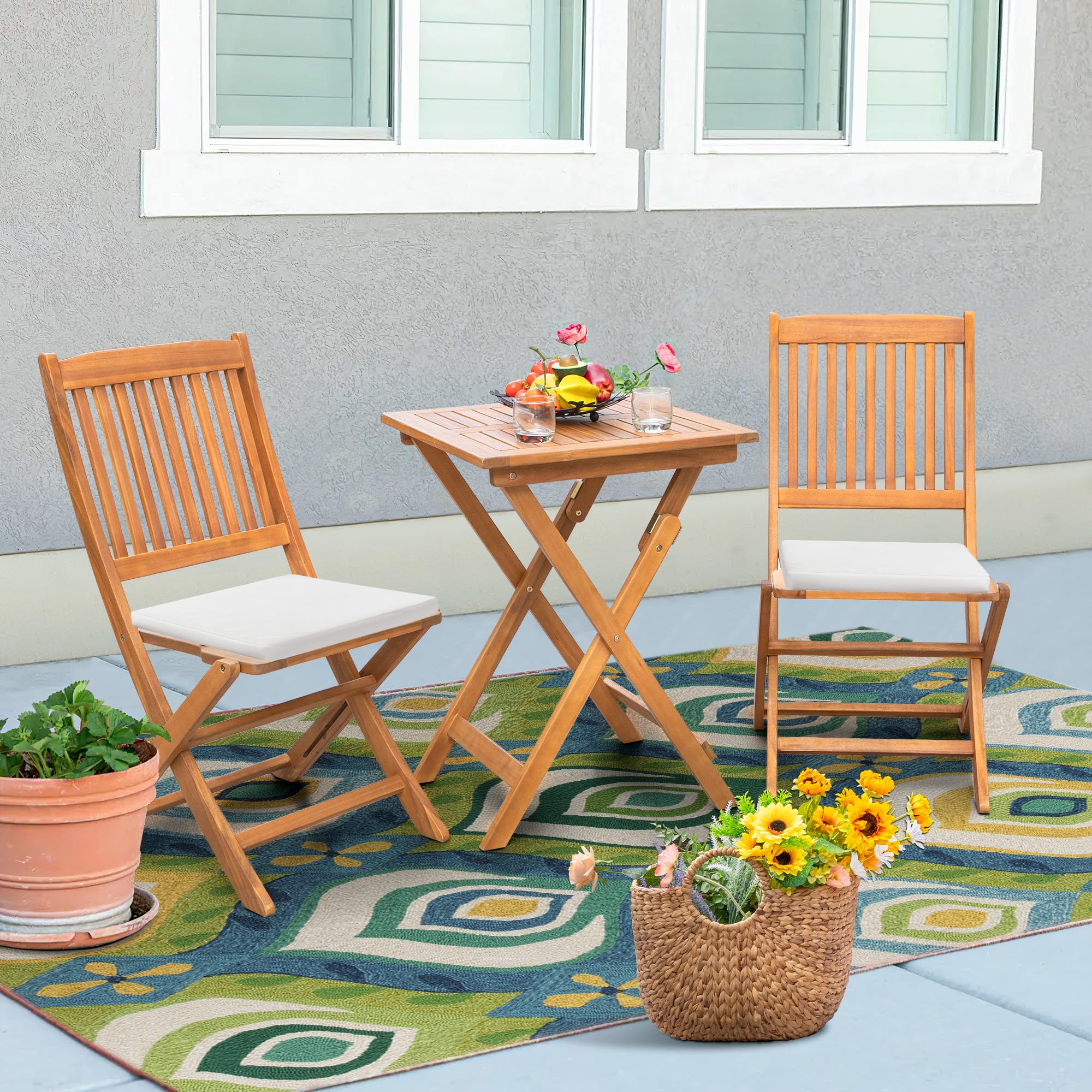 Flamaker 3-Piece Acacia Wood Folding Bistro Set - Outdoor Square Table and Chairs for Patio, Balcony, Porch, Lawn & Backyard - Natural Wood Garden Furniture for Dining, Relaxing & Entertaining Guests