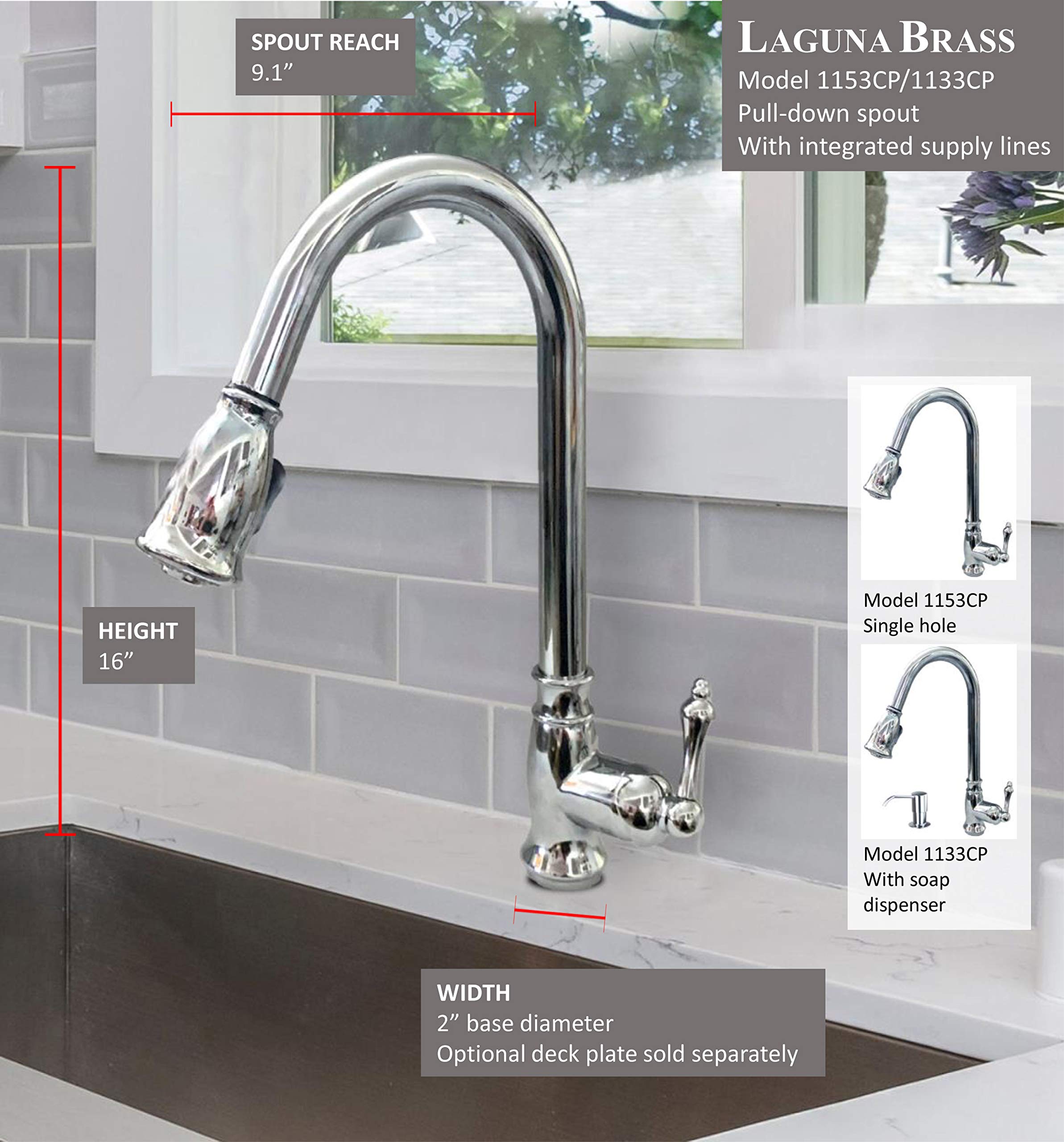 Laguna Brass 1133CP Classic 16-Inch Single Handle Pull-Down Kitchen Faucet with Soap Dispenser - Chrome Finish for Modern Kitchens & Easy Dishwashing