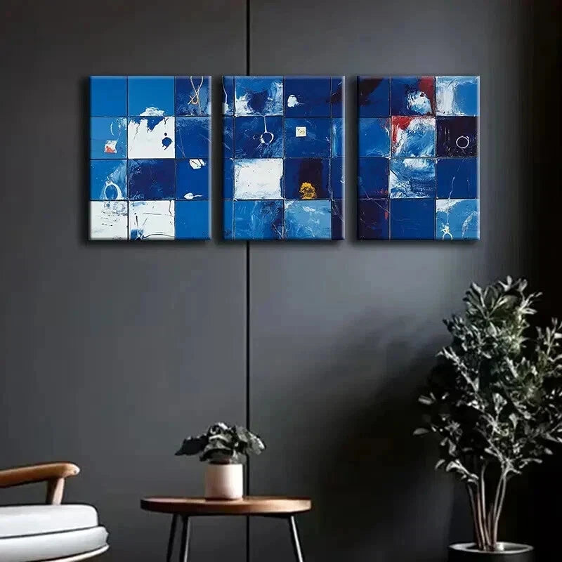 3-Piece Abstract Blue and White Geometric Grid Wall Art Set - 60x90cm Framed Canvas Prints | High Quality Australian Made | Ready to Hang | Perfect for Living Room, Bedroom & Office Decor