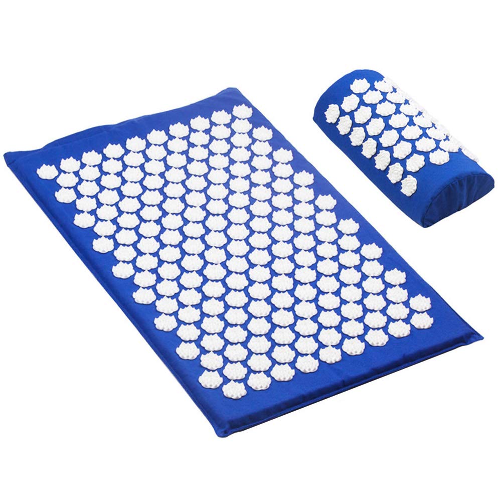 Premium Acupuncture Mat Massager for Back, Foot & Full Body Pain Relief - Shiatsu Massage Yoga Mat with Rose Mat Pillow (Blue) - Perfect for Stress Relief, Muscle Relaxation & Home Spa Therapy