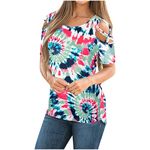 FMCHICO Women's Summer Short Sleeve Cold Shoulder T-Shirt - Floral Print Strappy Blouse for Casual Outings, Beach Vacations & Date Nights