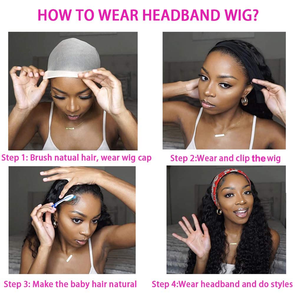 Headband Wigs Human Hair Deep Wave - 16 Inch Glueless Curly Half Wigs for Women | 180% Density Machine Made Natural Color Wig | Perfect for Daily Wear, Parties & Cosplay
